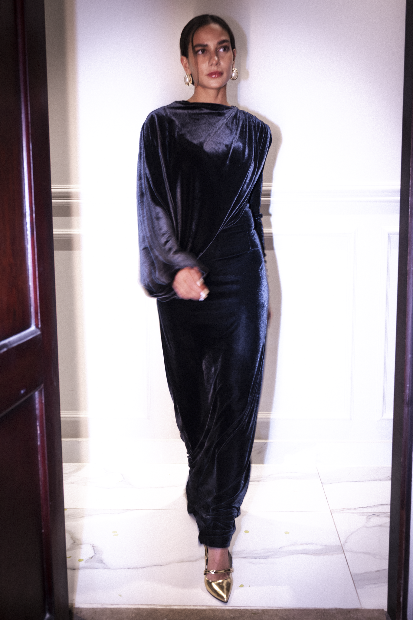 Velvet dress with draped sleeve in deep blue grey