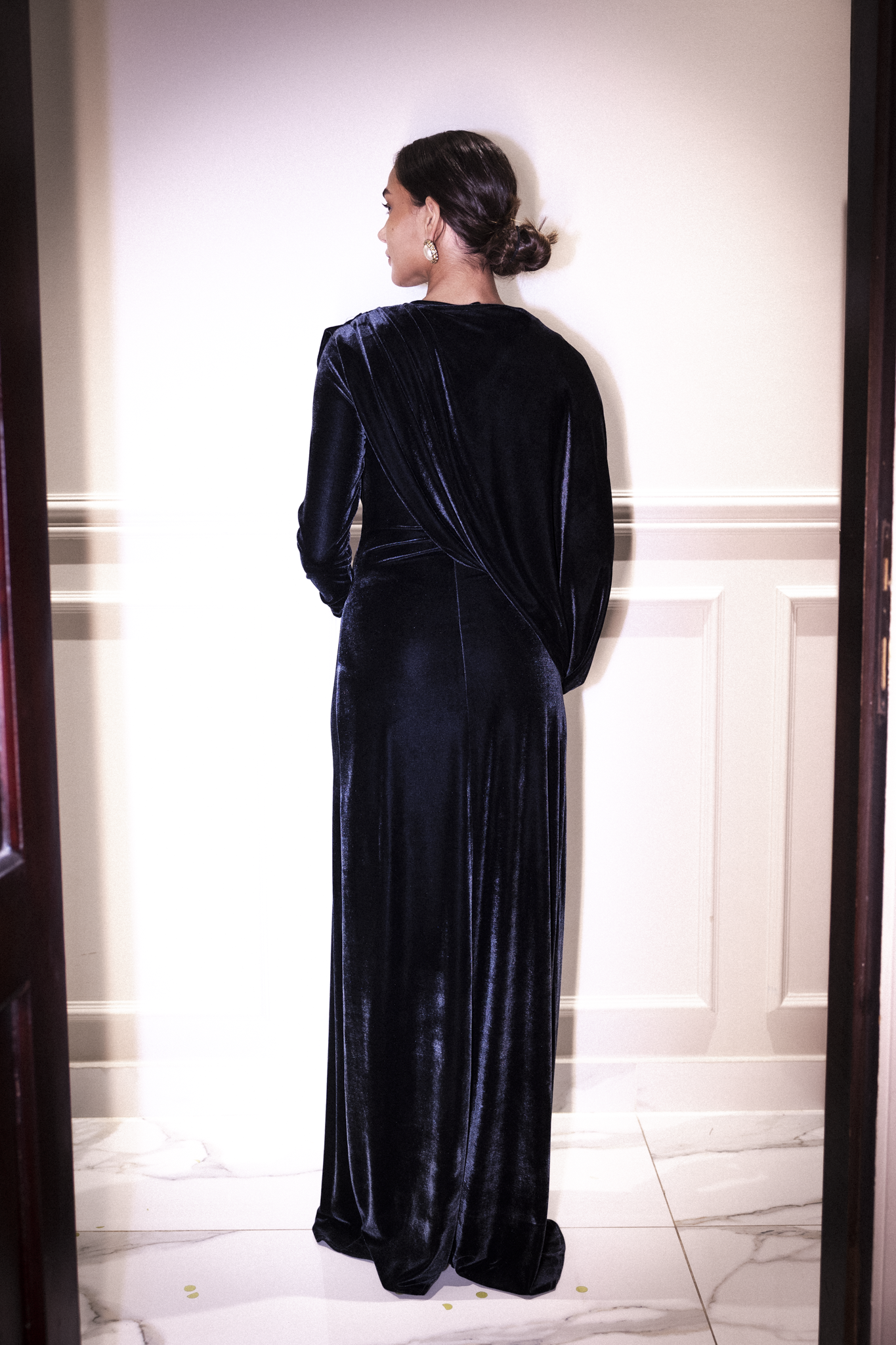 Velvet dress with draped sleeve in deep blue grey