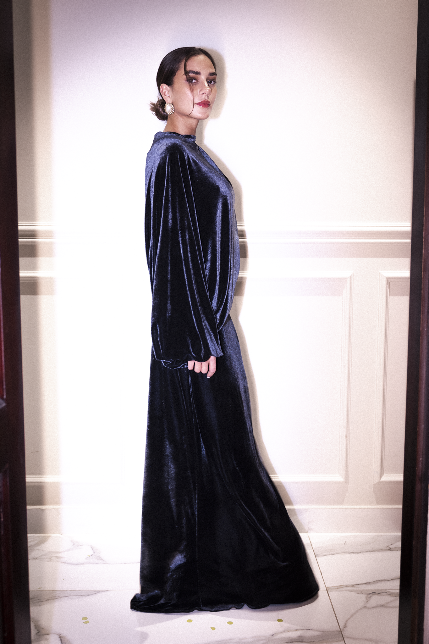 Velvet dress with draped sleeve in deep blue grey