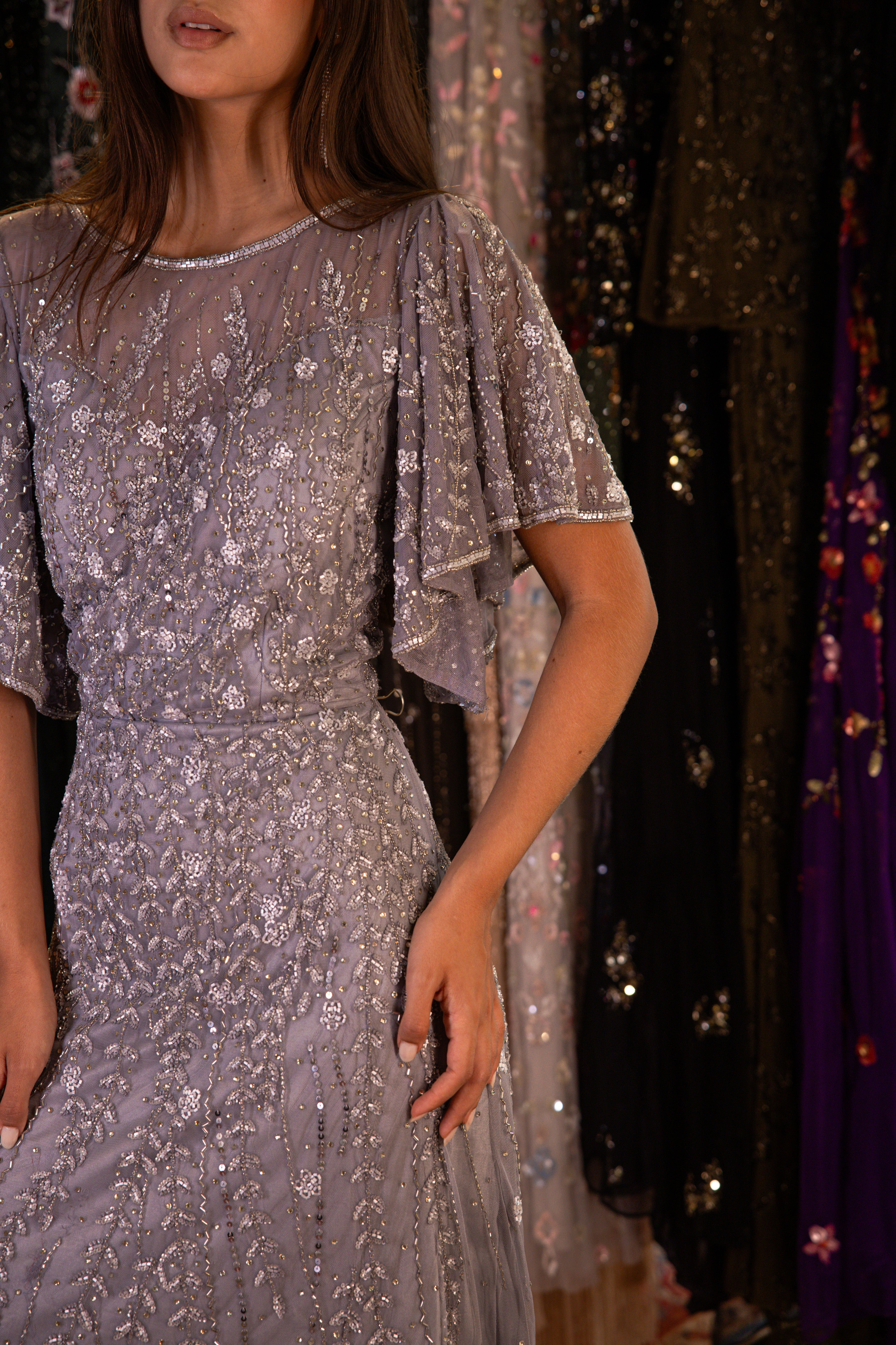 Beaded ruffled half sleeves long dress in silver