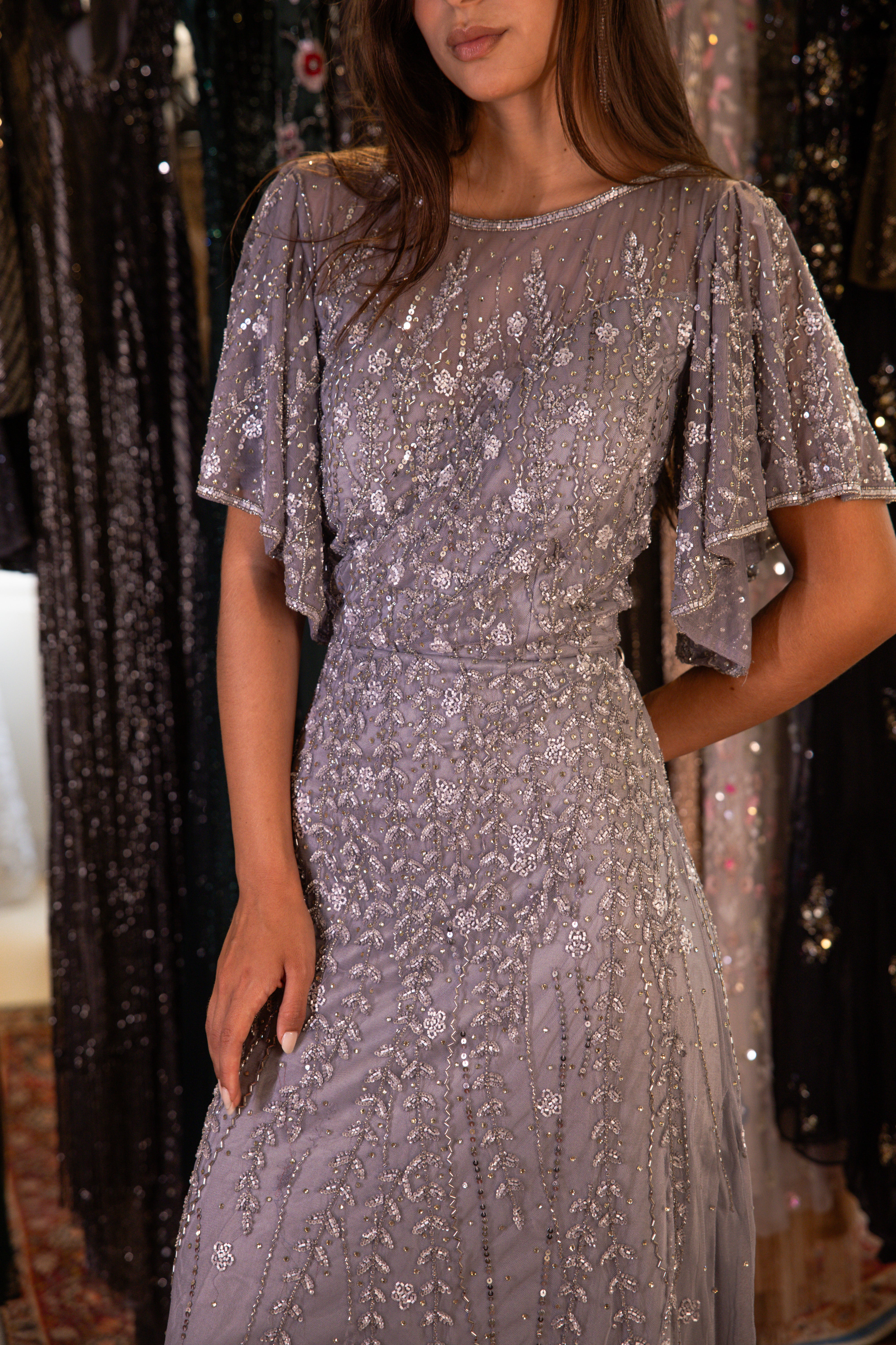 Beaded ruffled half sleeves long dress in silver