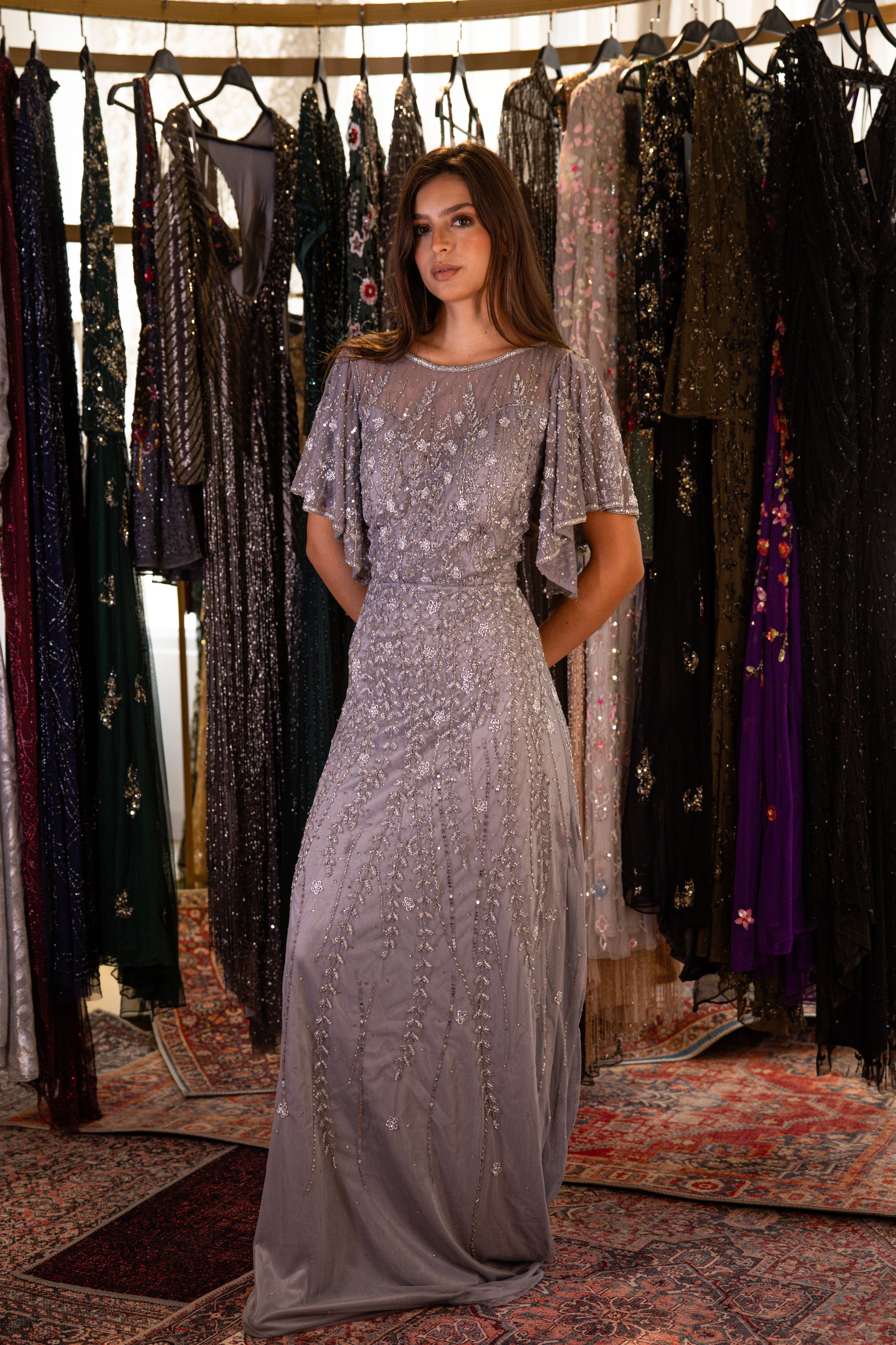 Beaded ruffled half sleeves long dress in silver