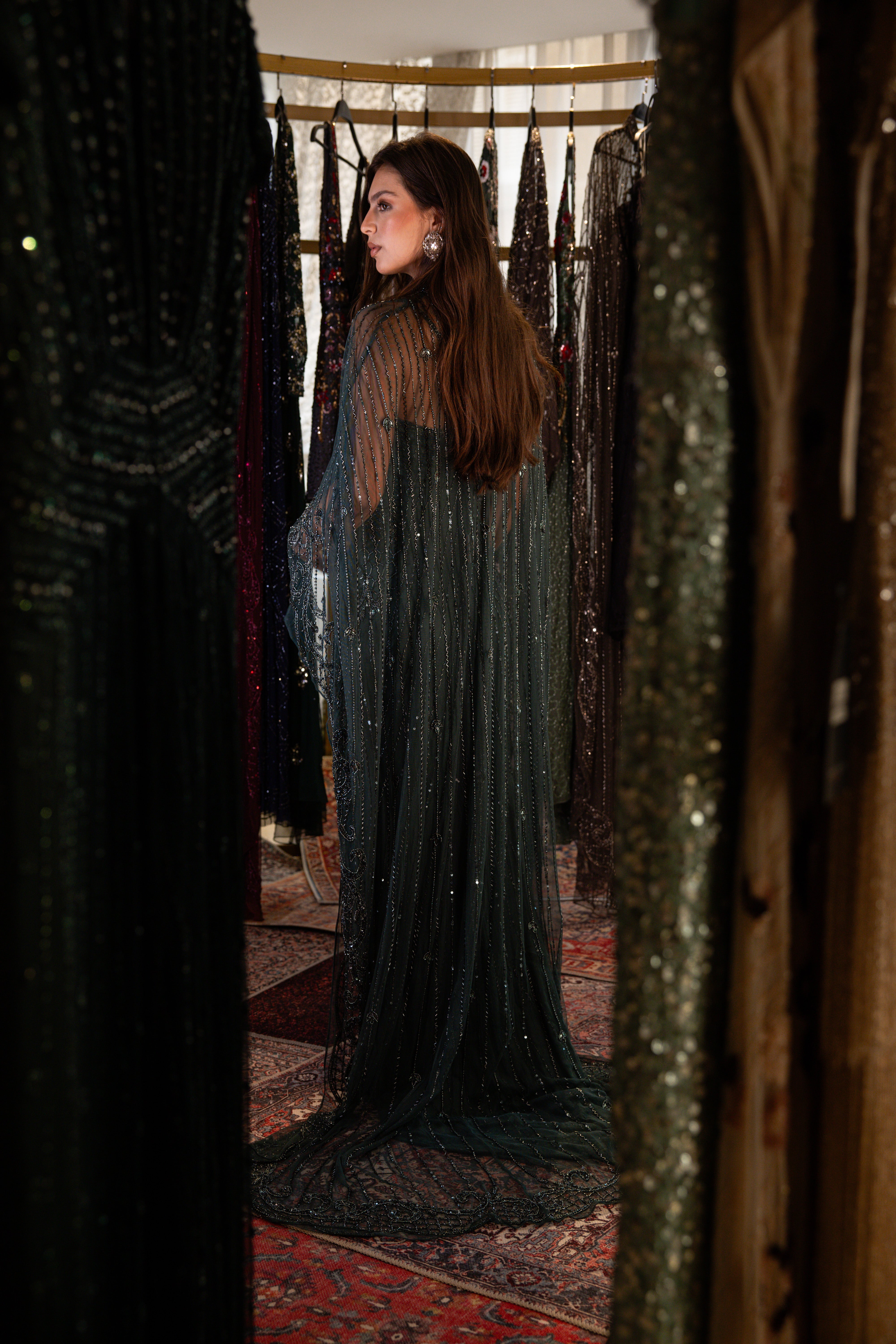 Strap Beaded long dress with cape in dark green