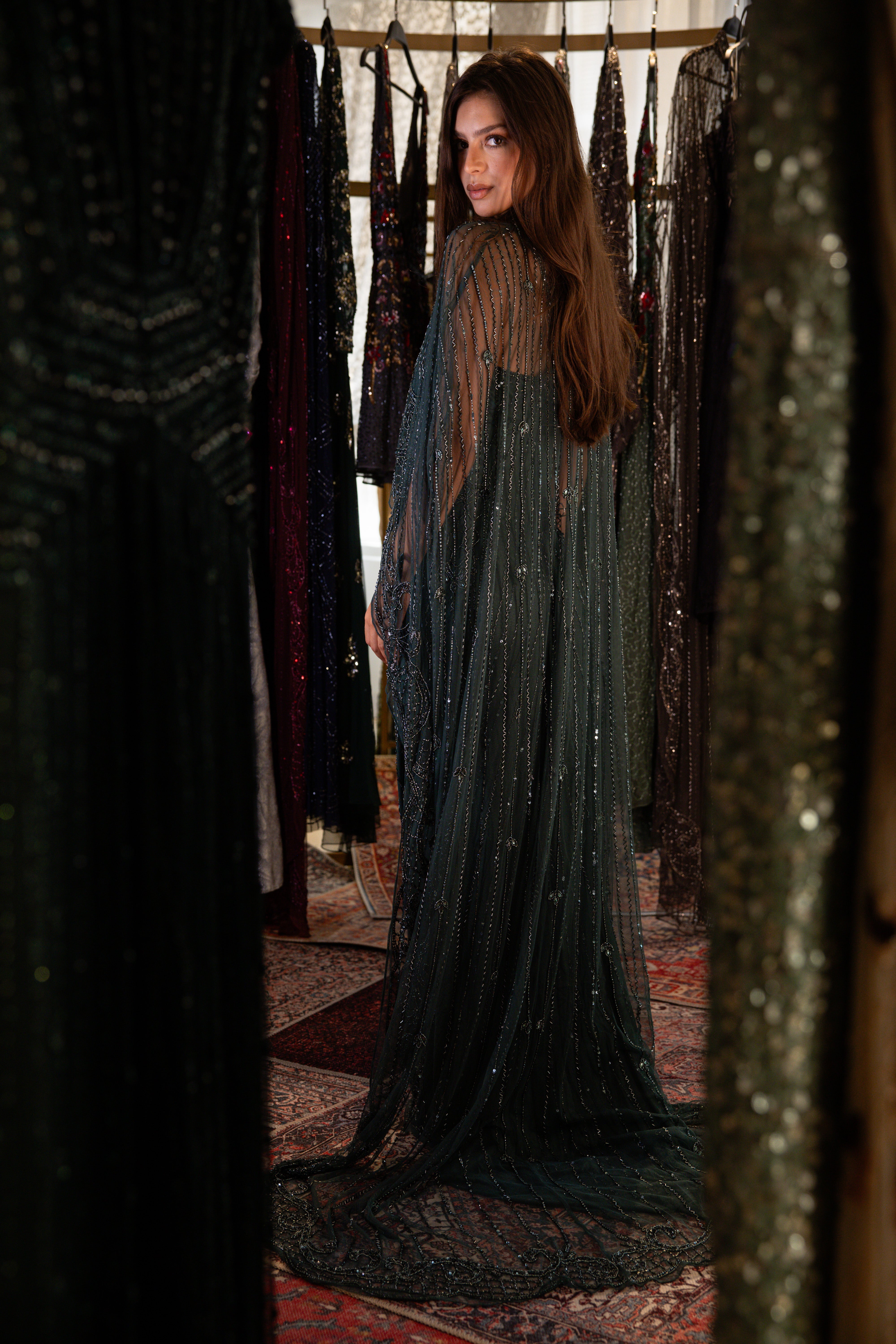 Strap Beaded long dress with cape in dark green