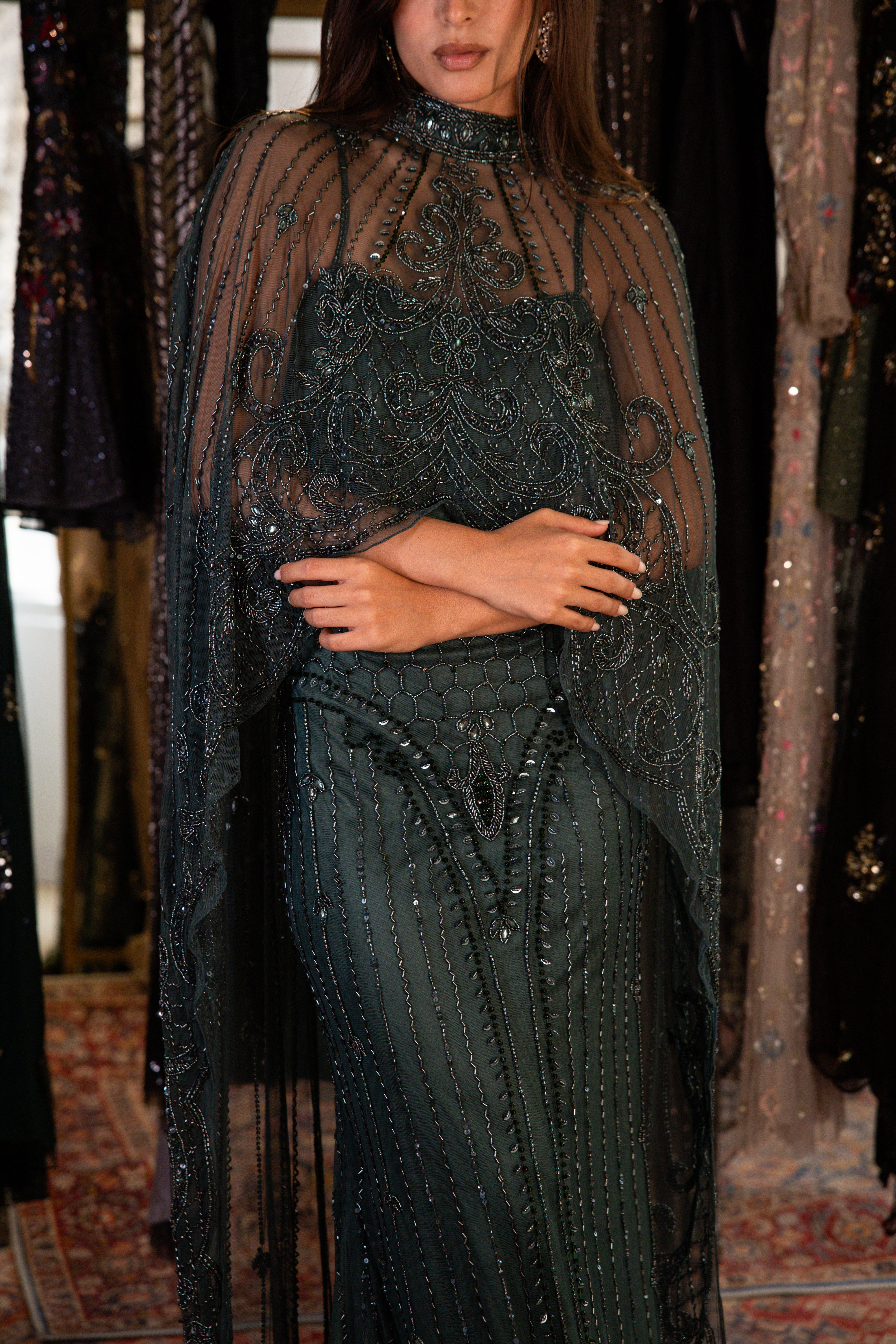 Strap Beaded long dress with cape in dark green