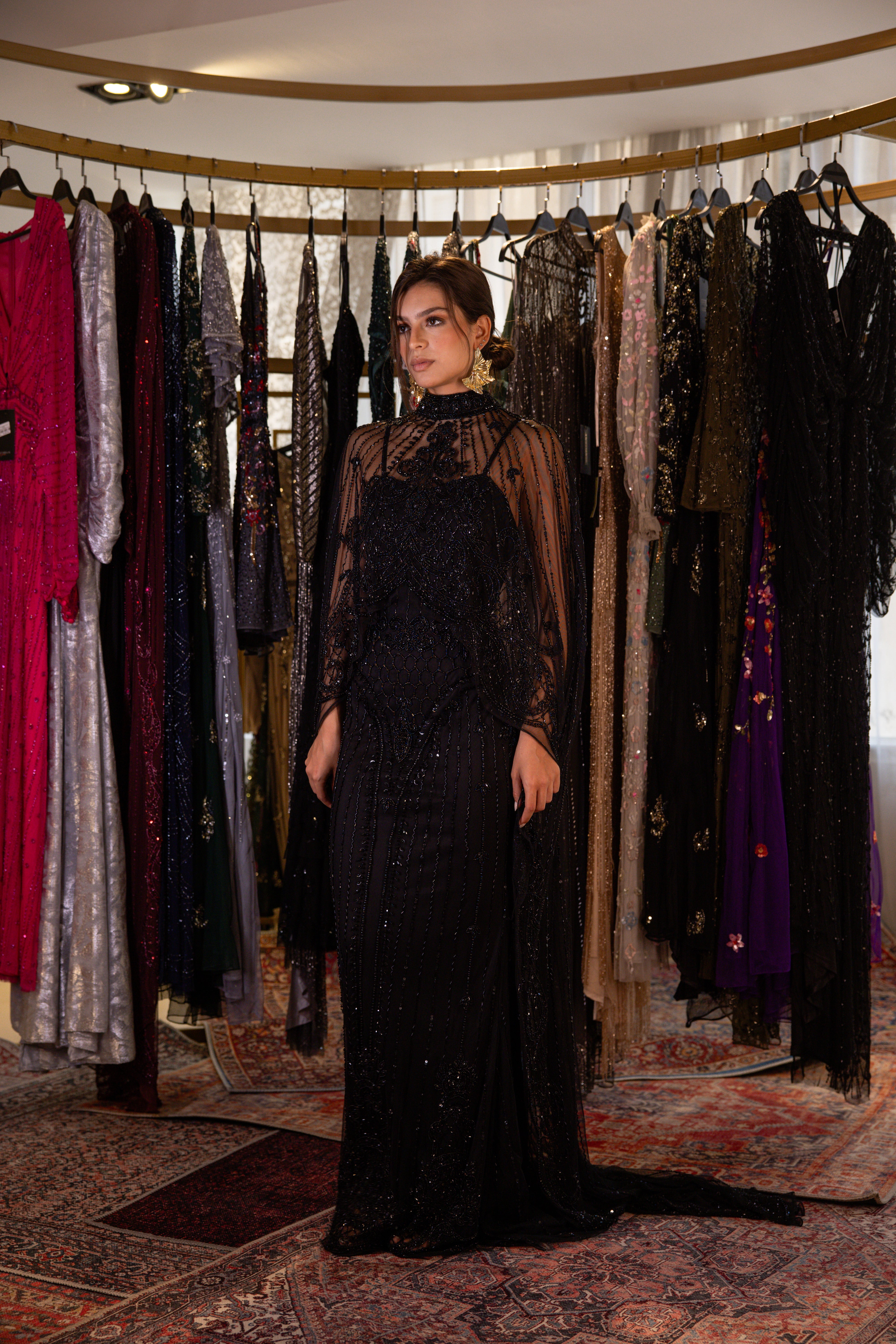 Strap Beaded long dress with cape in black