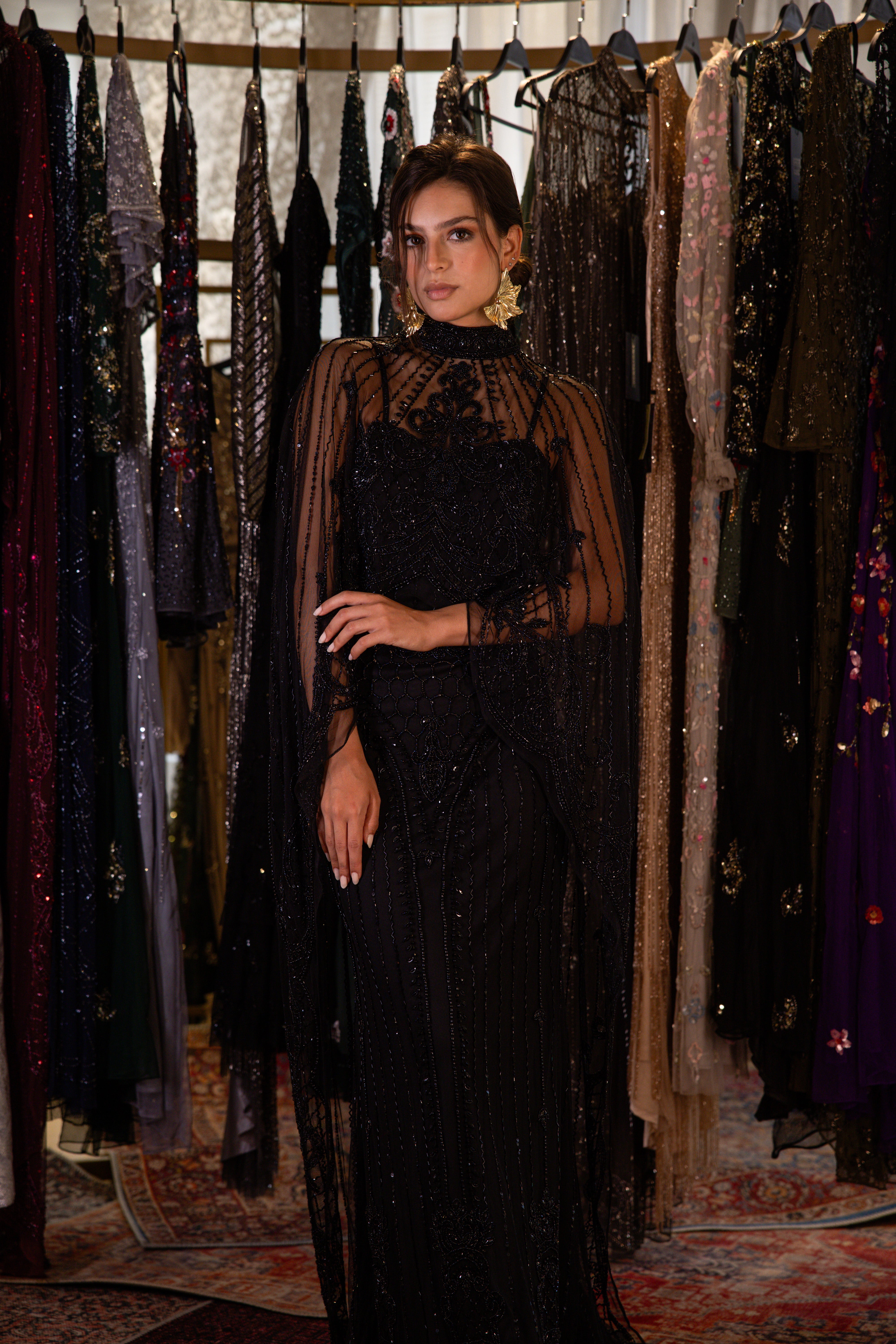 Strap Beaded long dress with cape in black