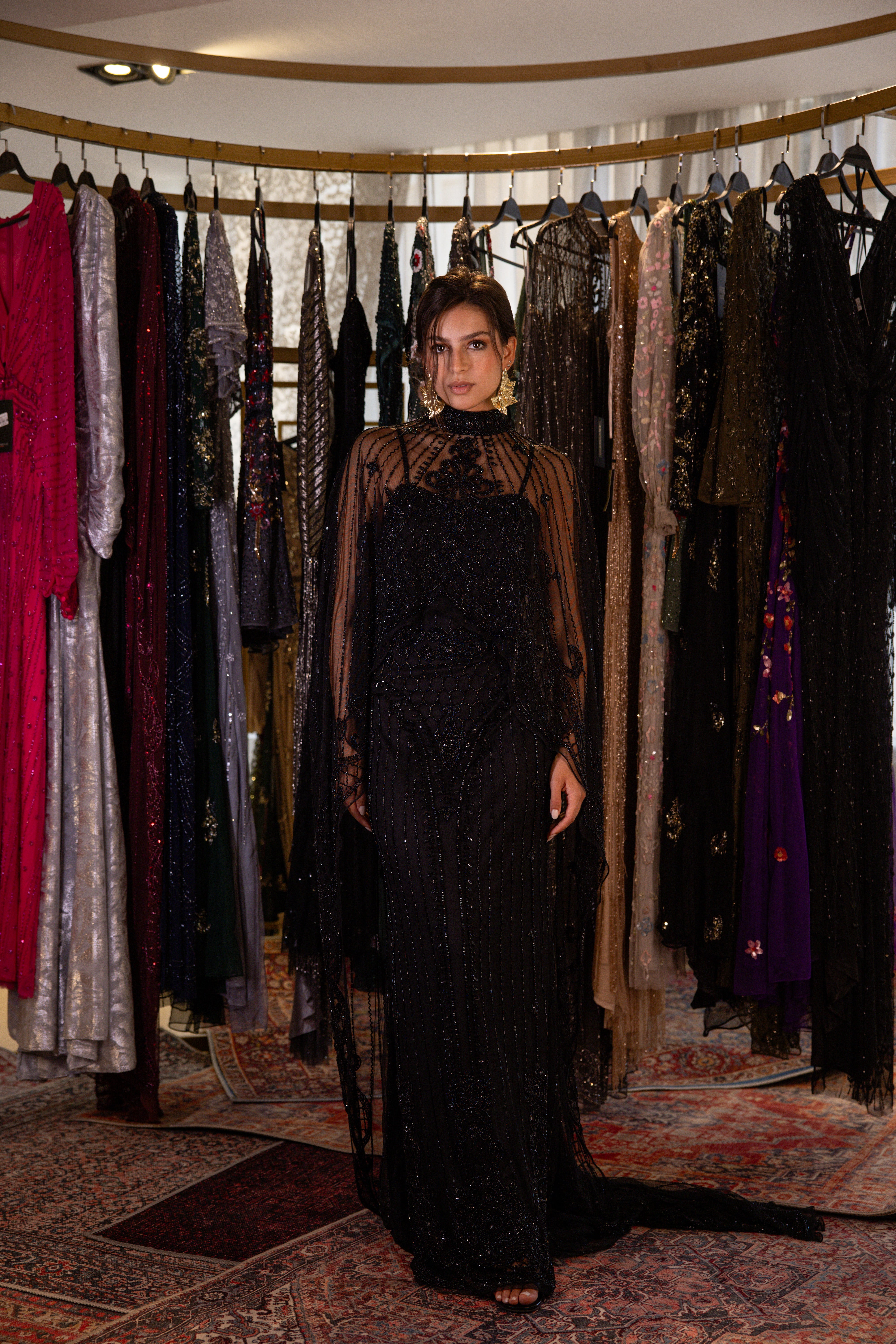 Strap Beaded long dress with cape in black