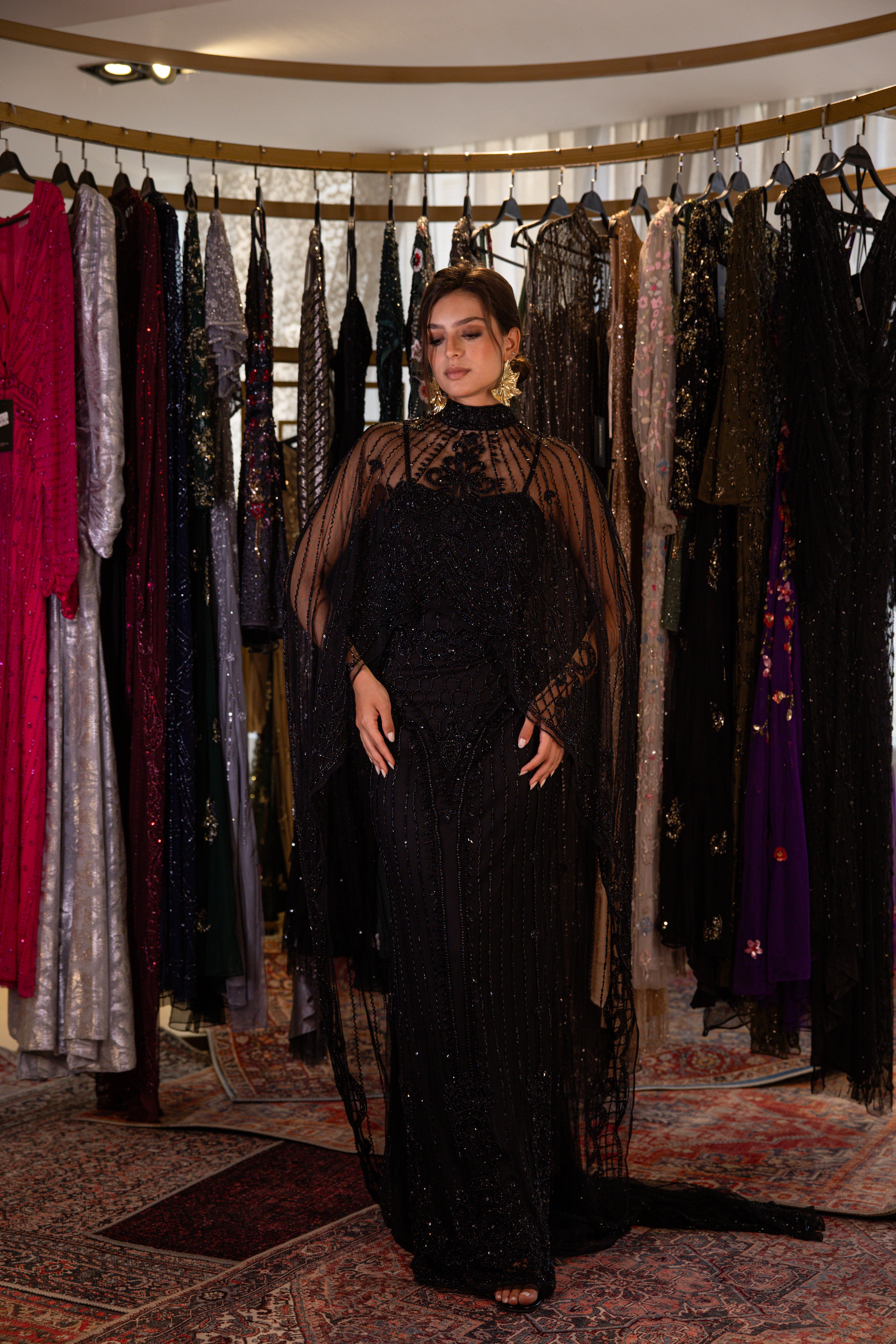 Strap Beaded long dress with cape in black