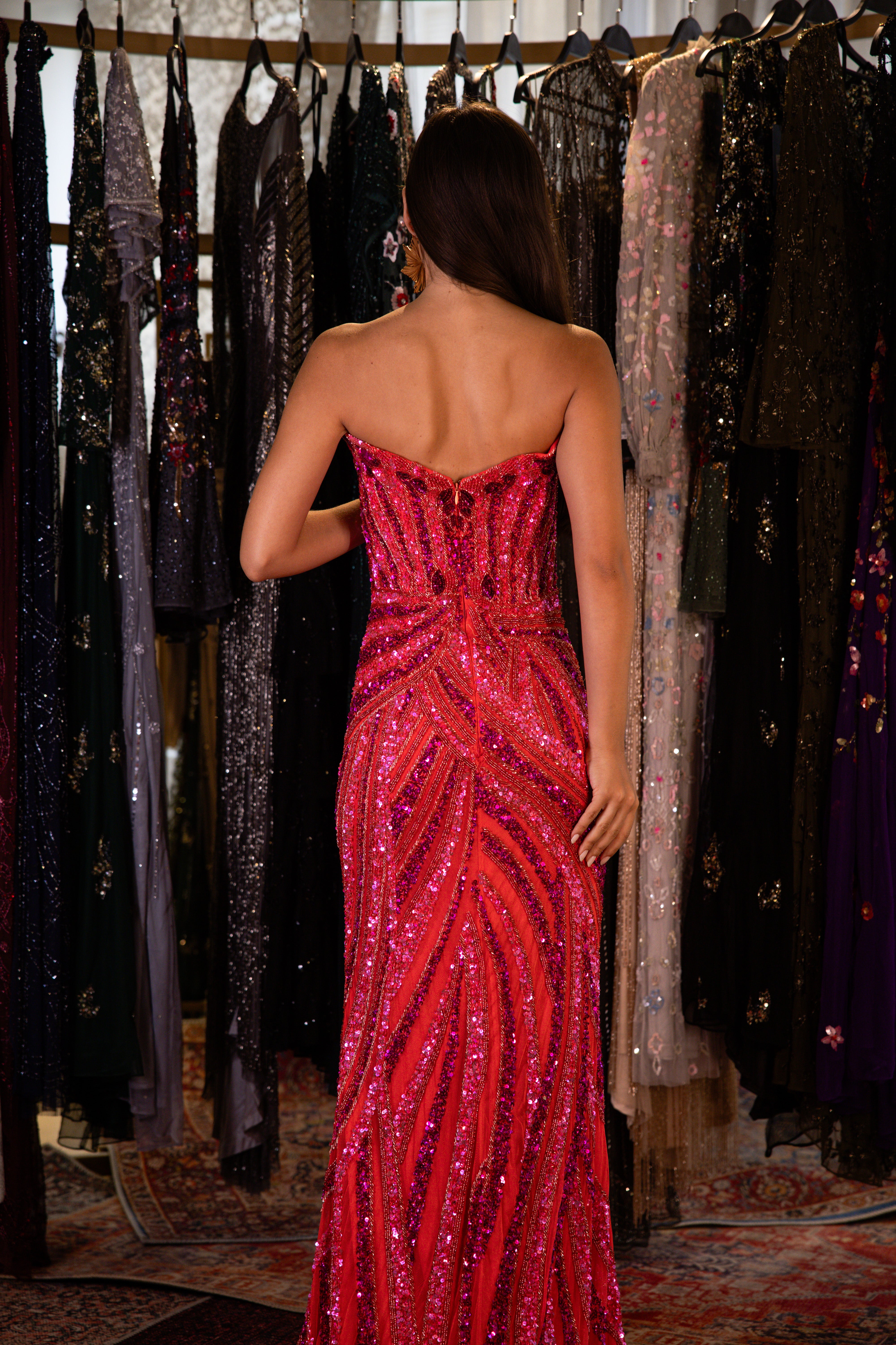 Beaded strapless long dress with slit in orange & fuschia