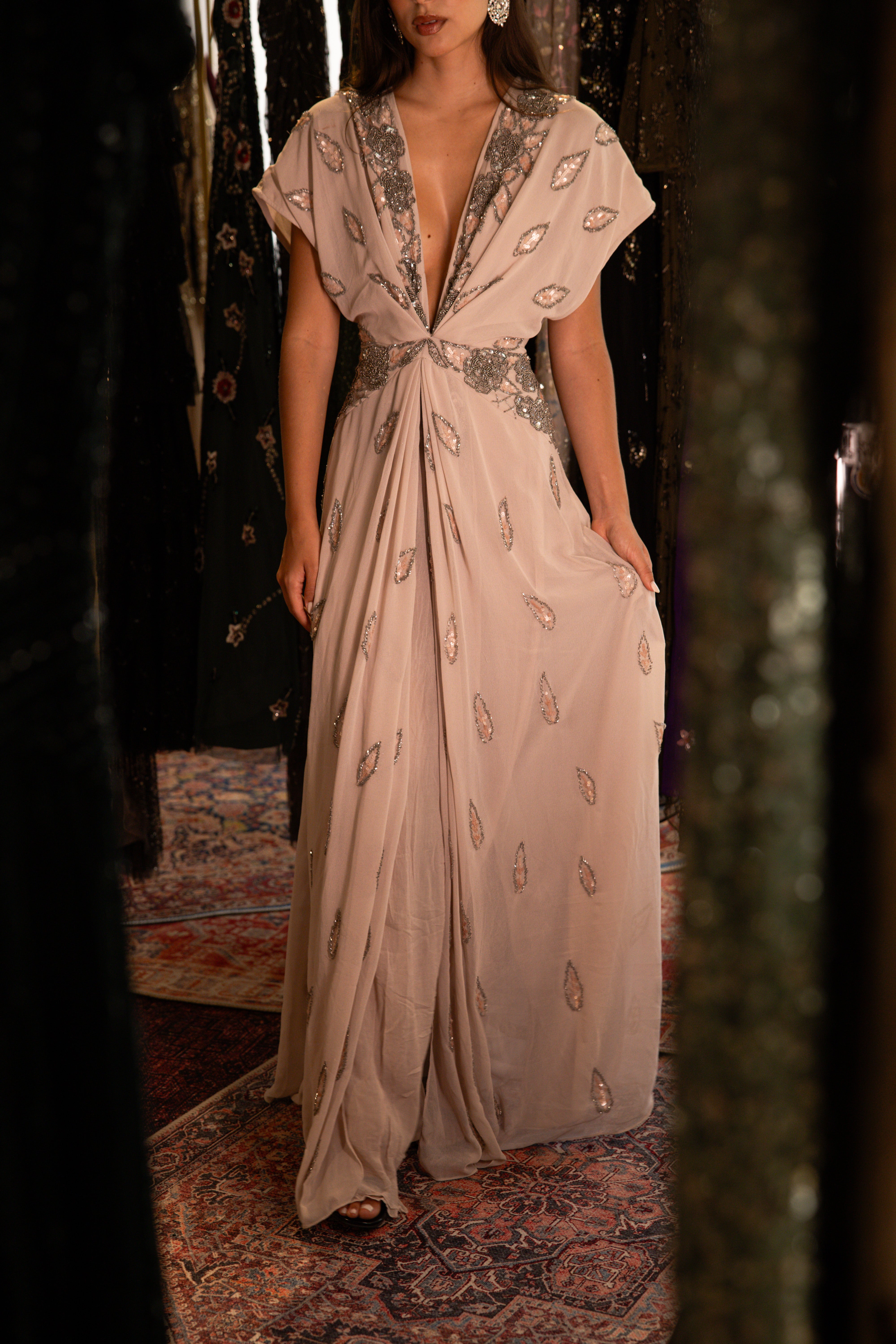 V neck chiffon beaded dress with slit in beige