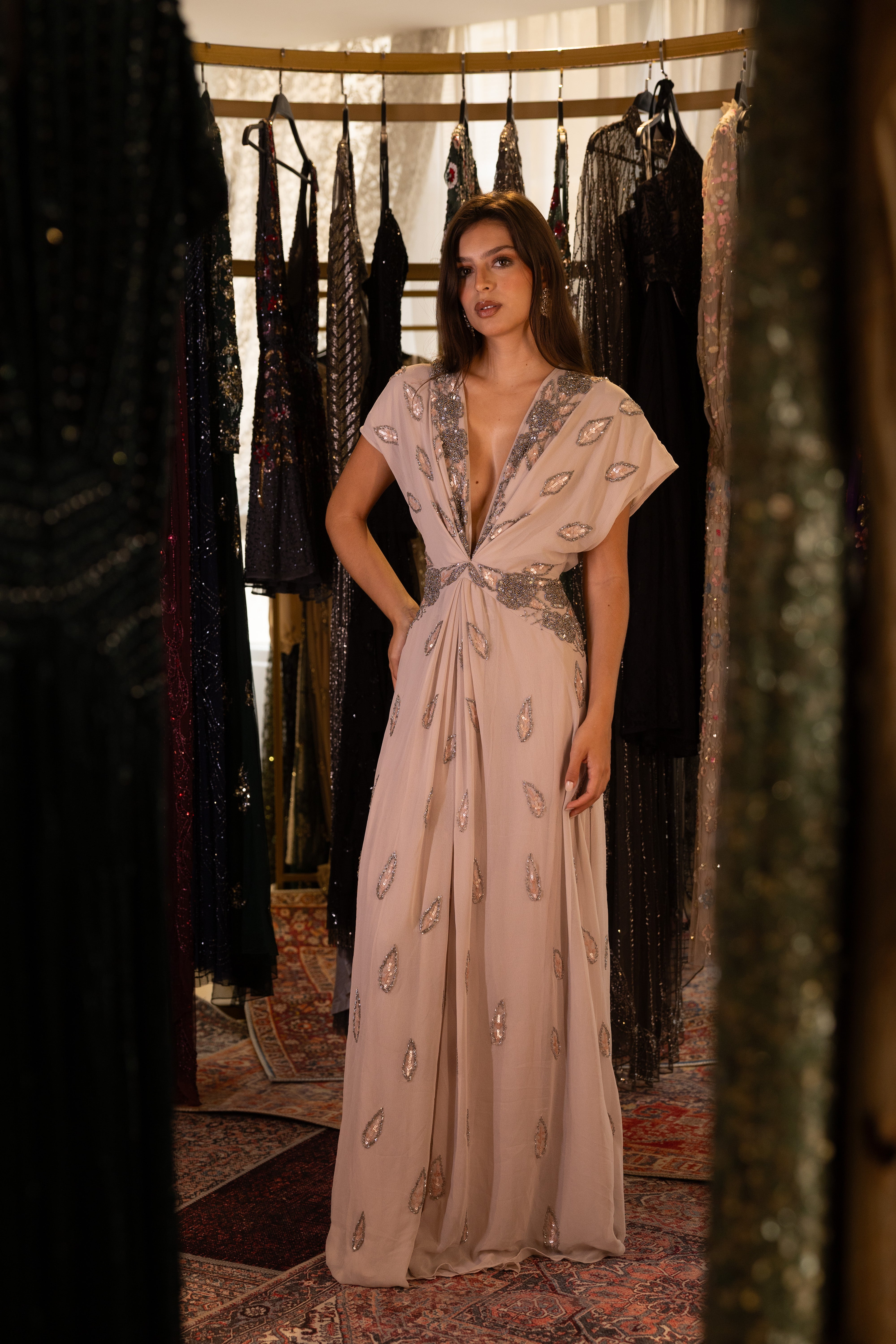 V neck chiffon beaded dress with slit in beige
