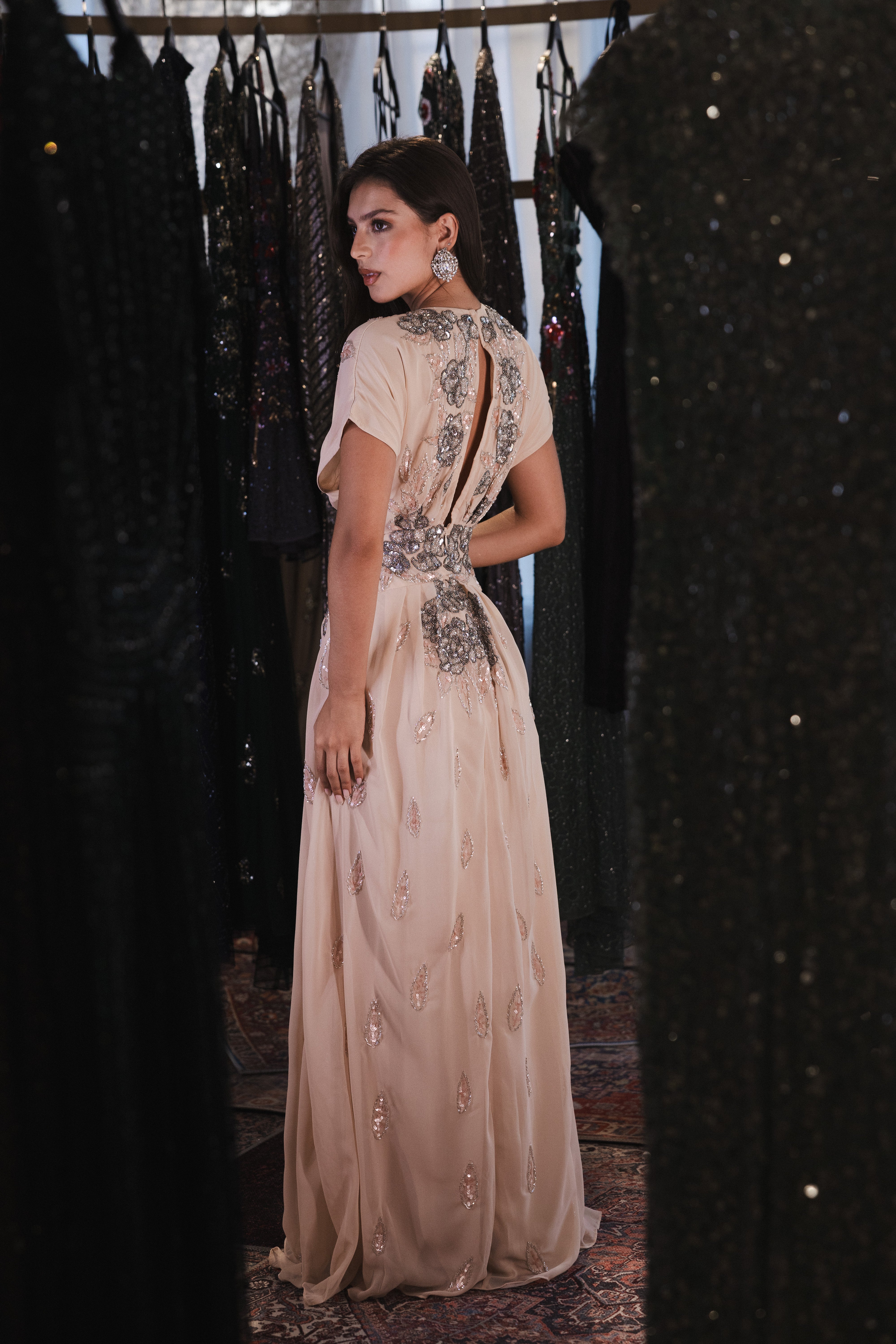 V neck chiffon beaded dress with slit in light beige