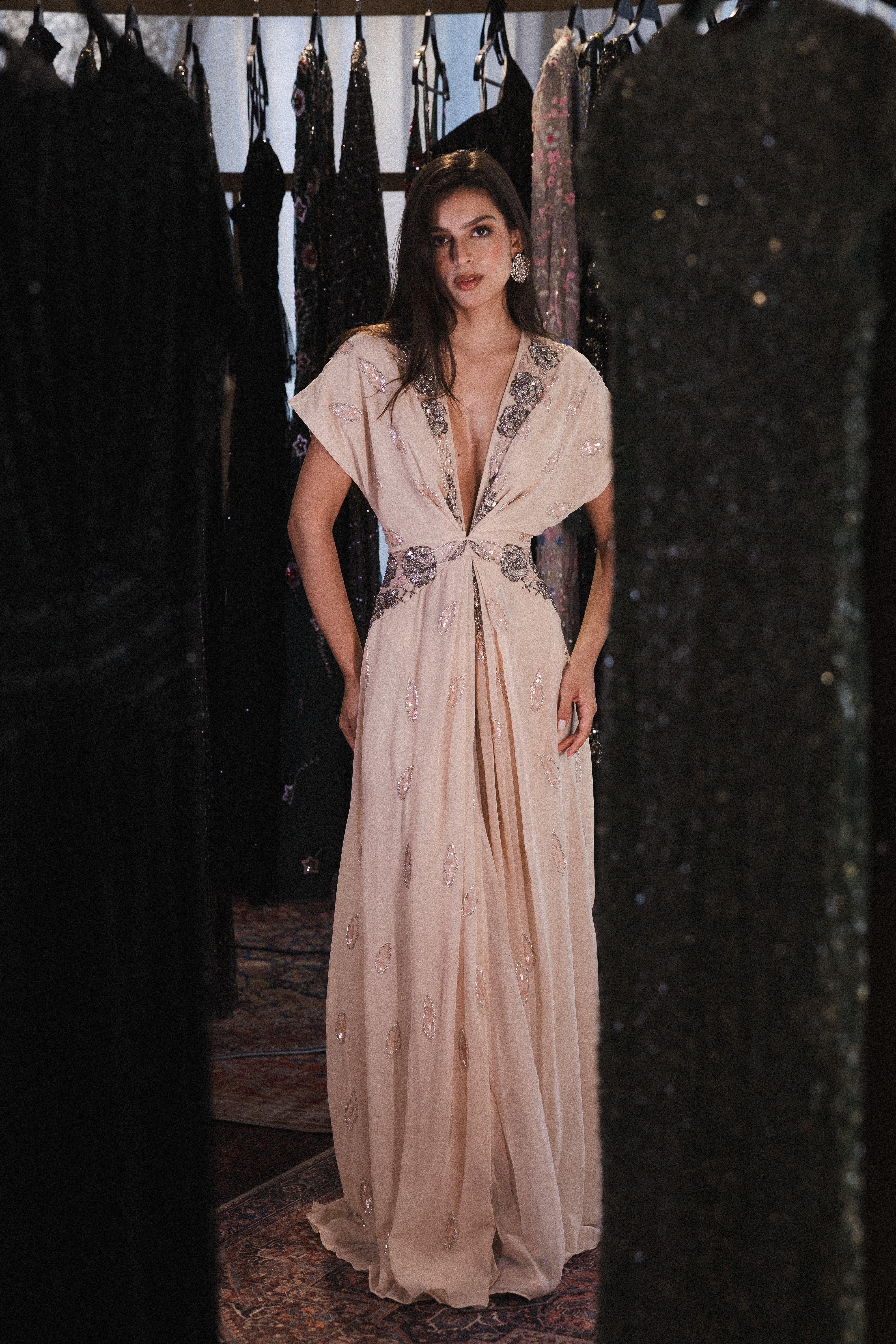V neck chiffon beaded dress with slit in light beige
