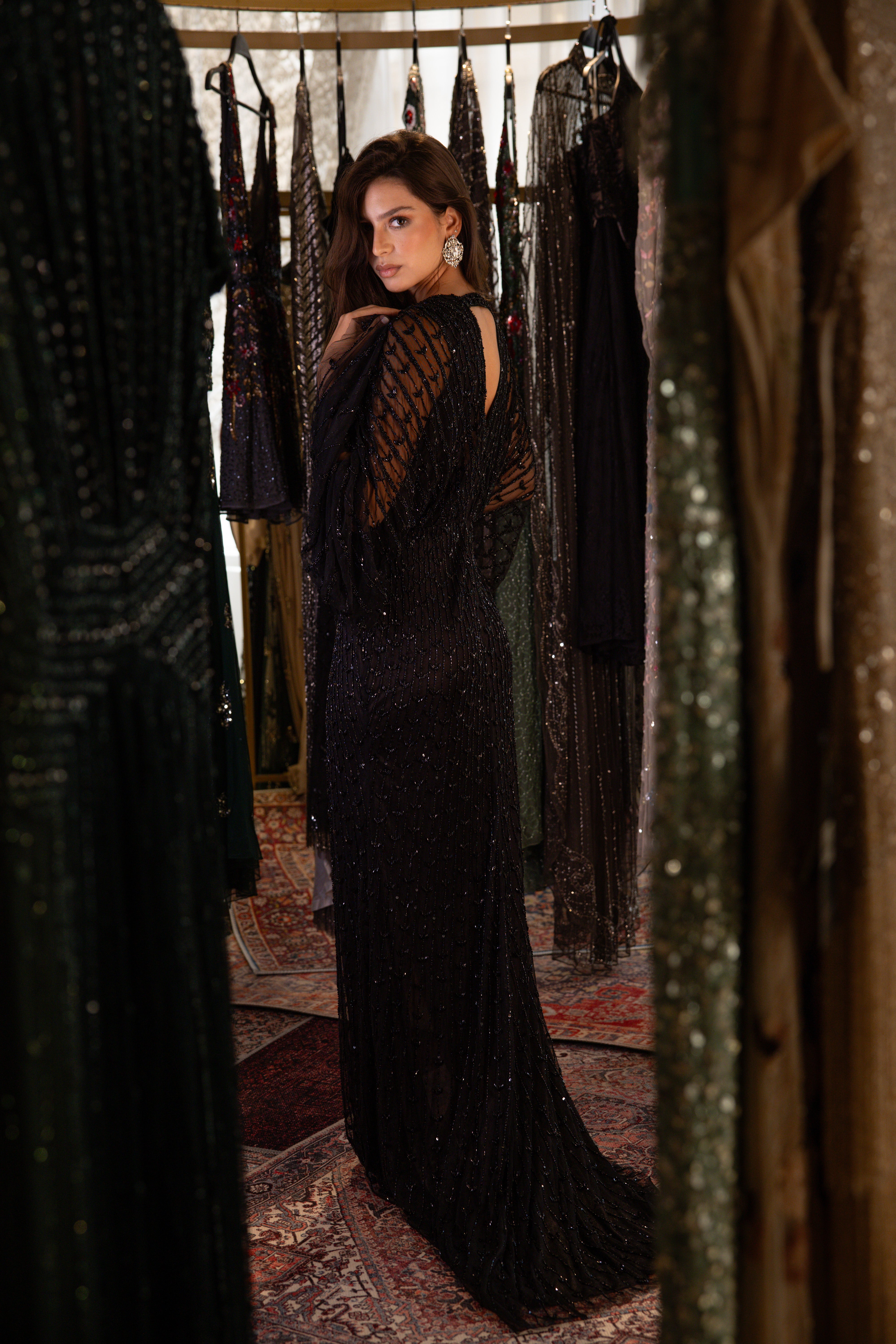Beaded v neck long dress in black