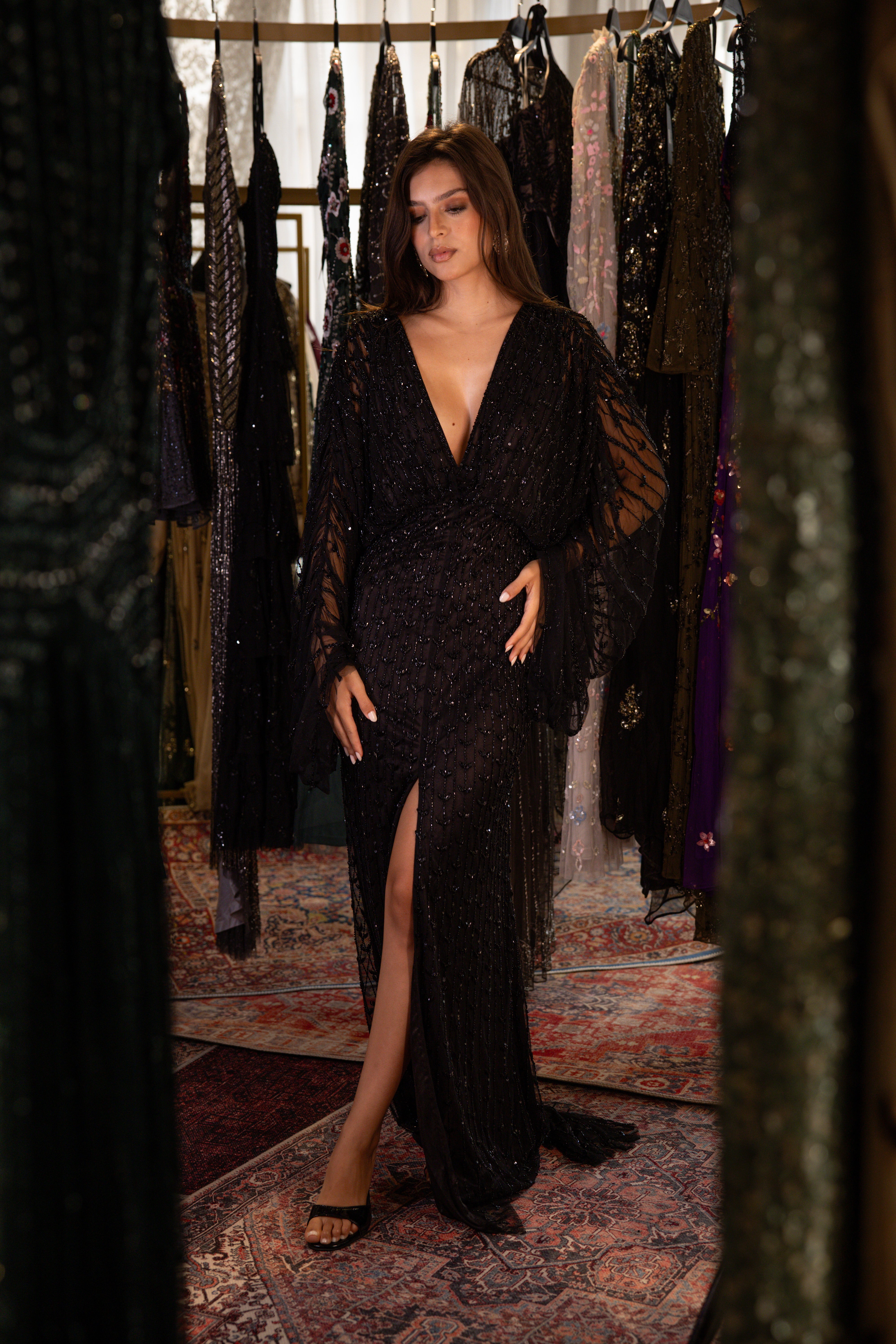 Beaded v neck long dress in black