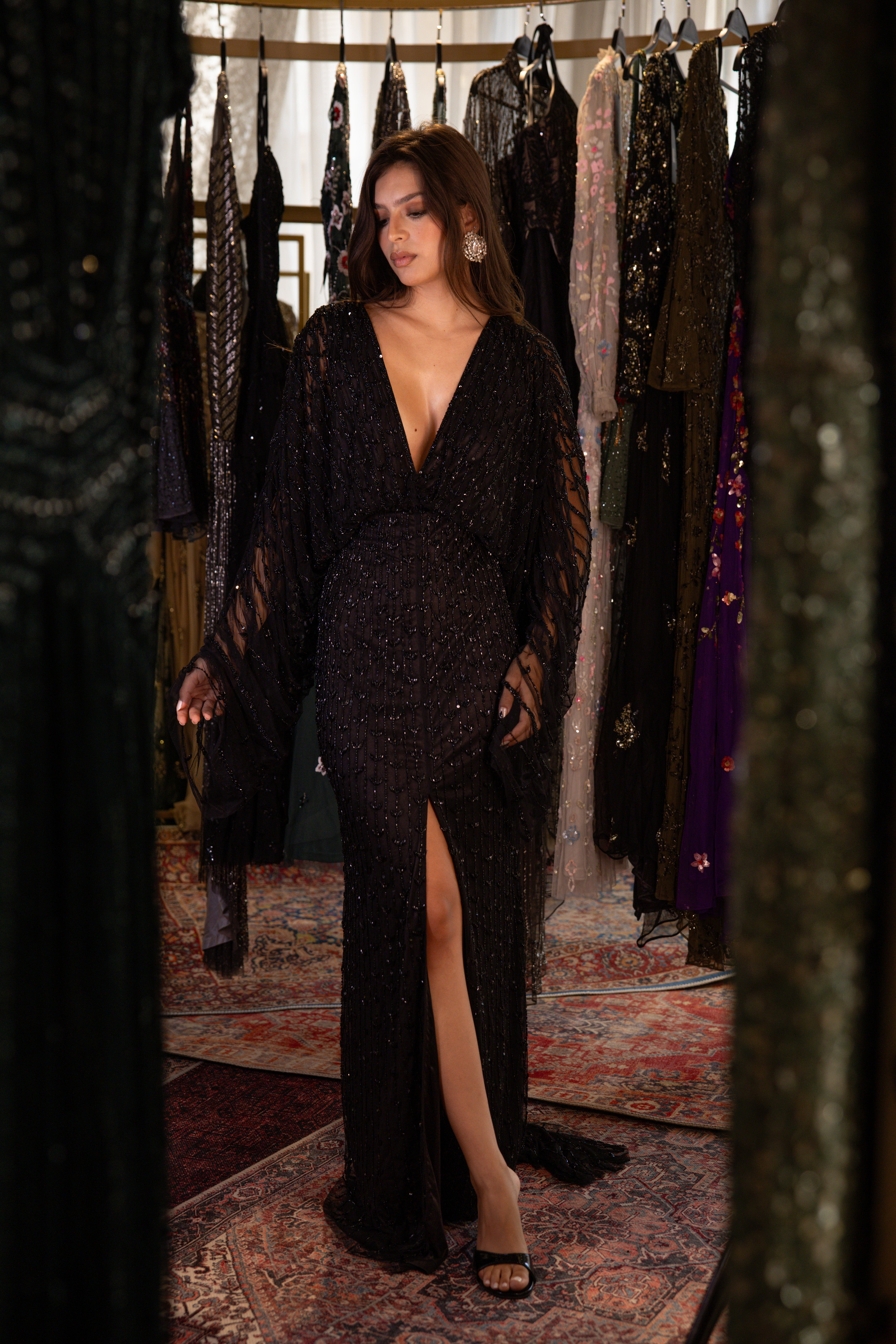 Beaded v neck long dress in black