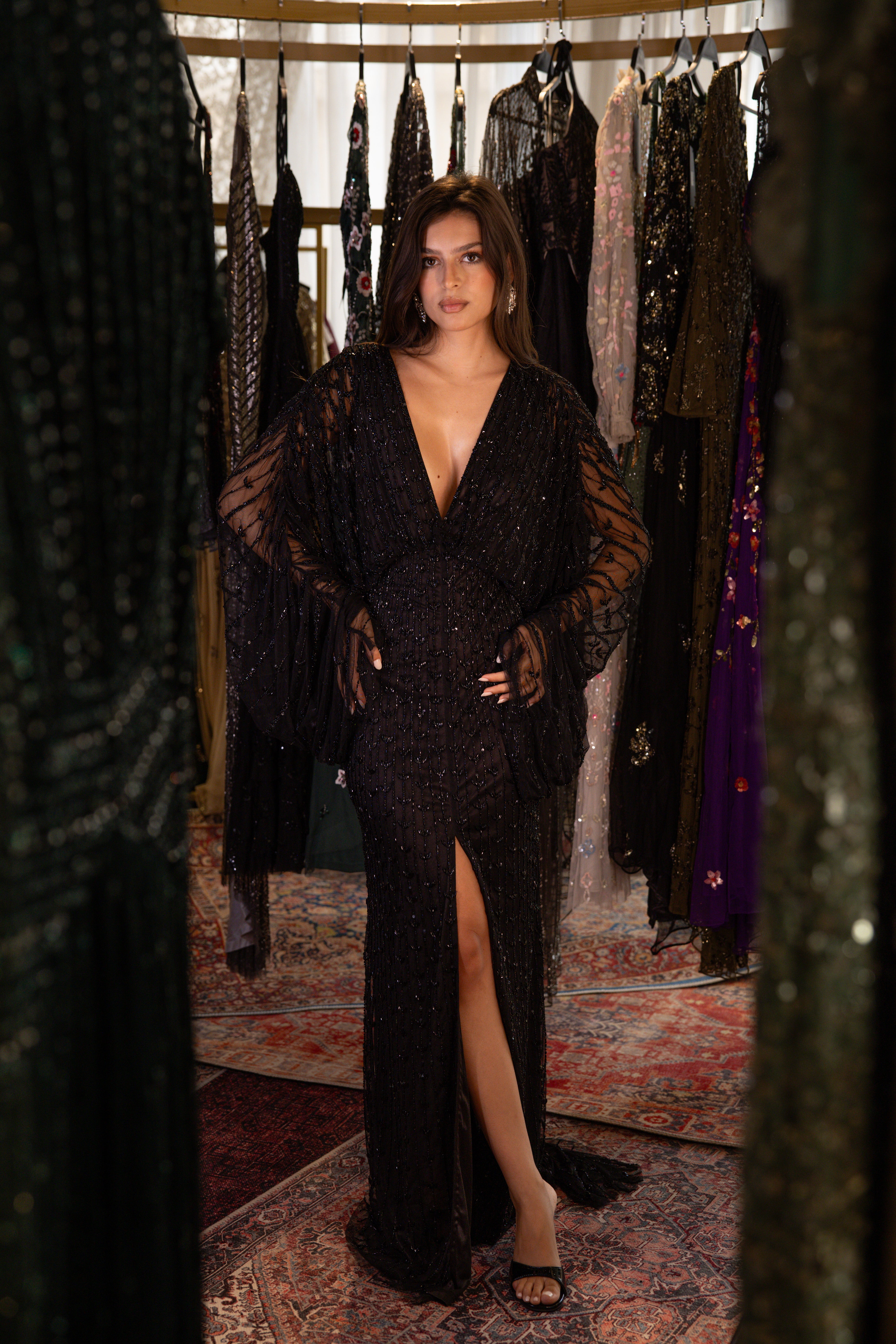 Beaded v neck long dress in black