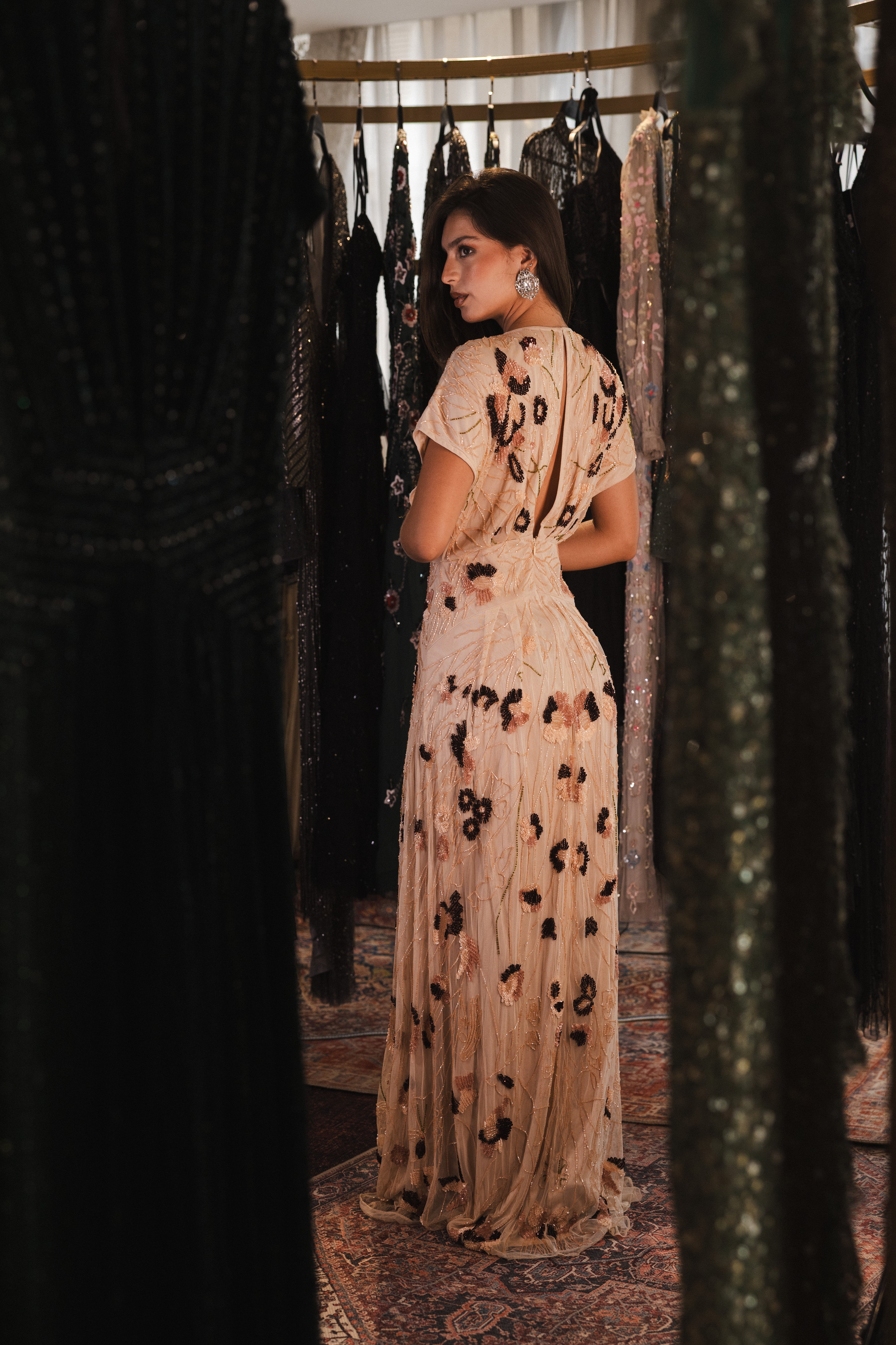 V neck beaded dress with slit in beige & burgundy