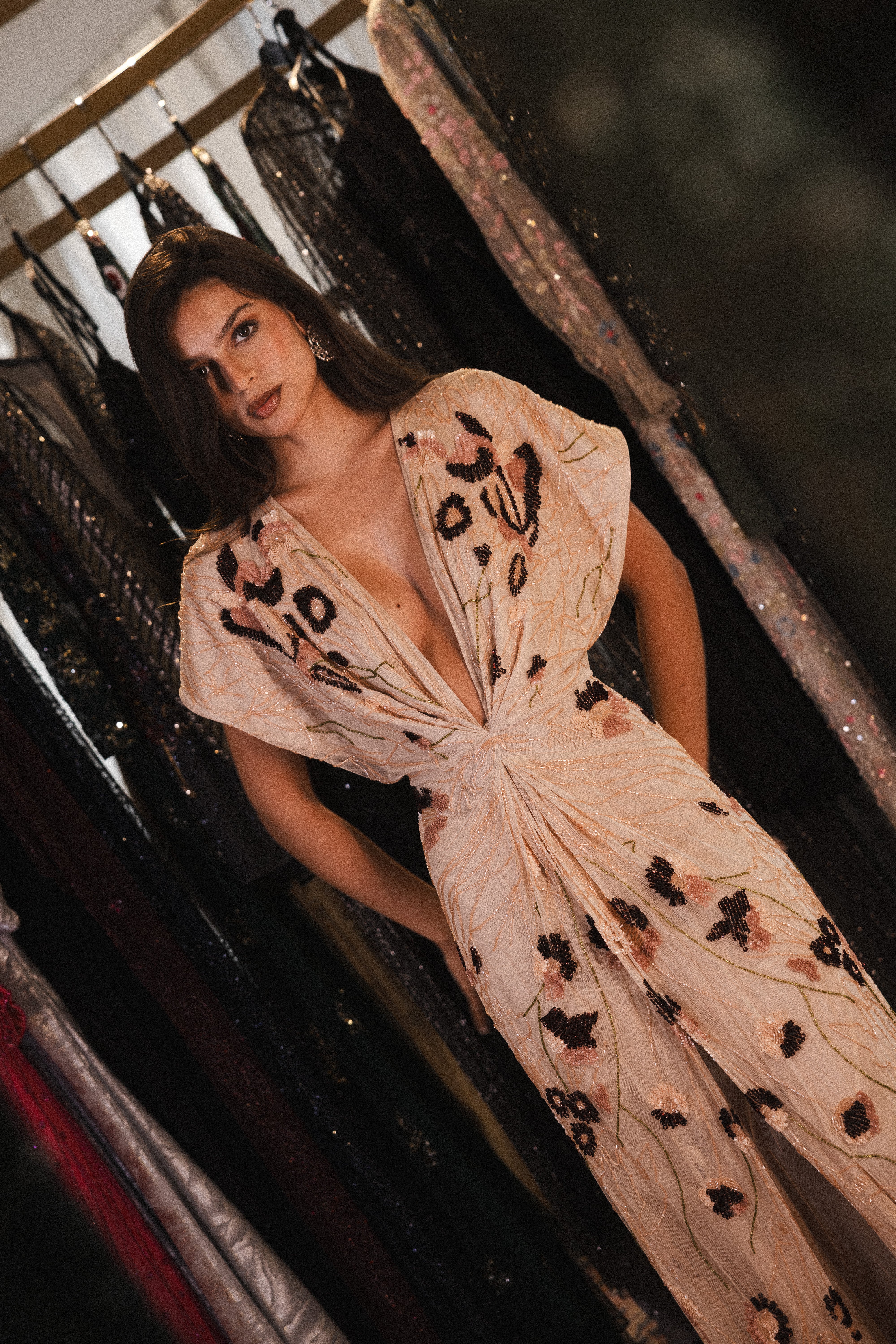 V neck beaded dress with slit in beige & burgundy