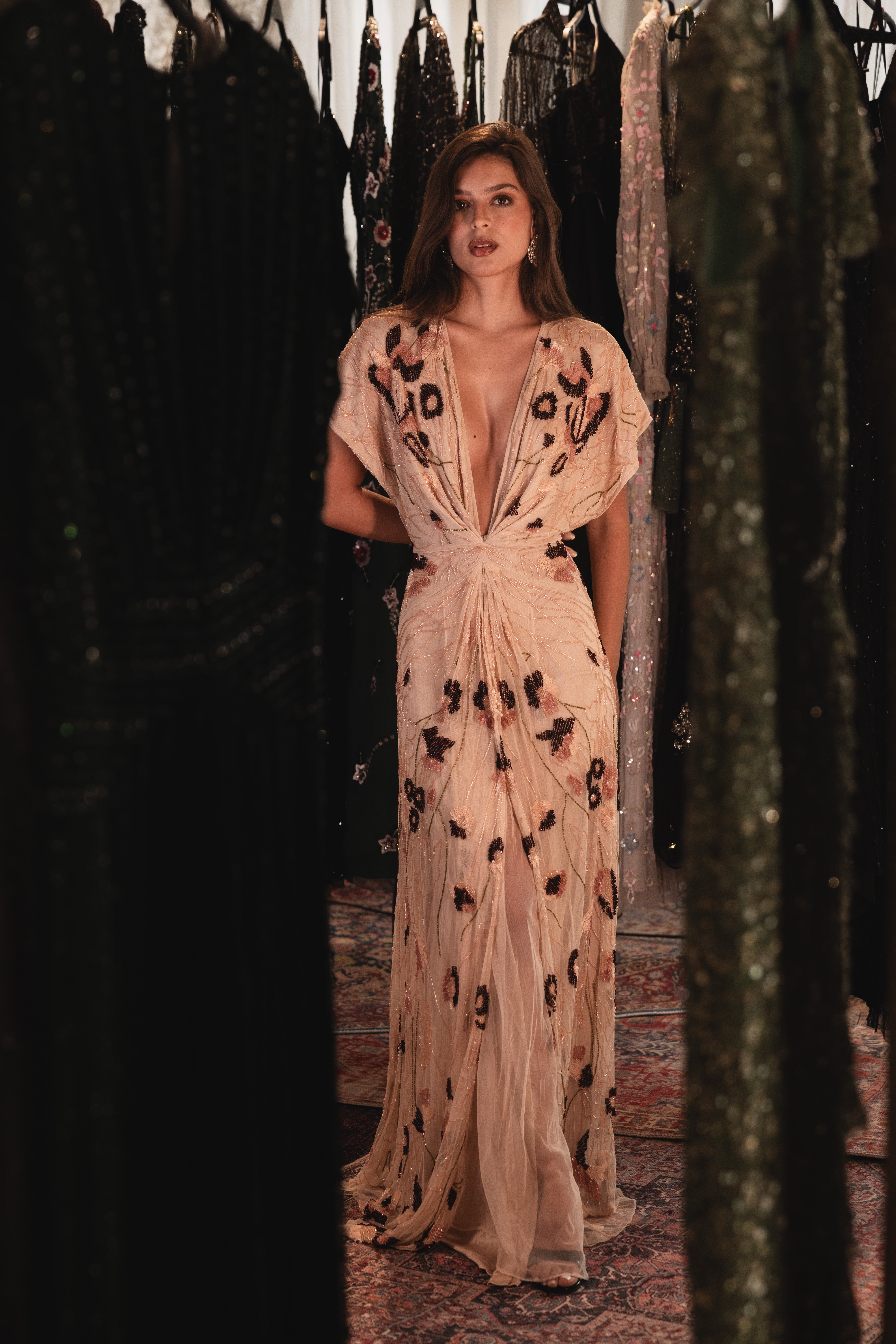 V neck beaded dress with slit in beige & burgundy