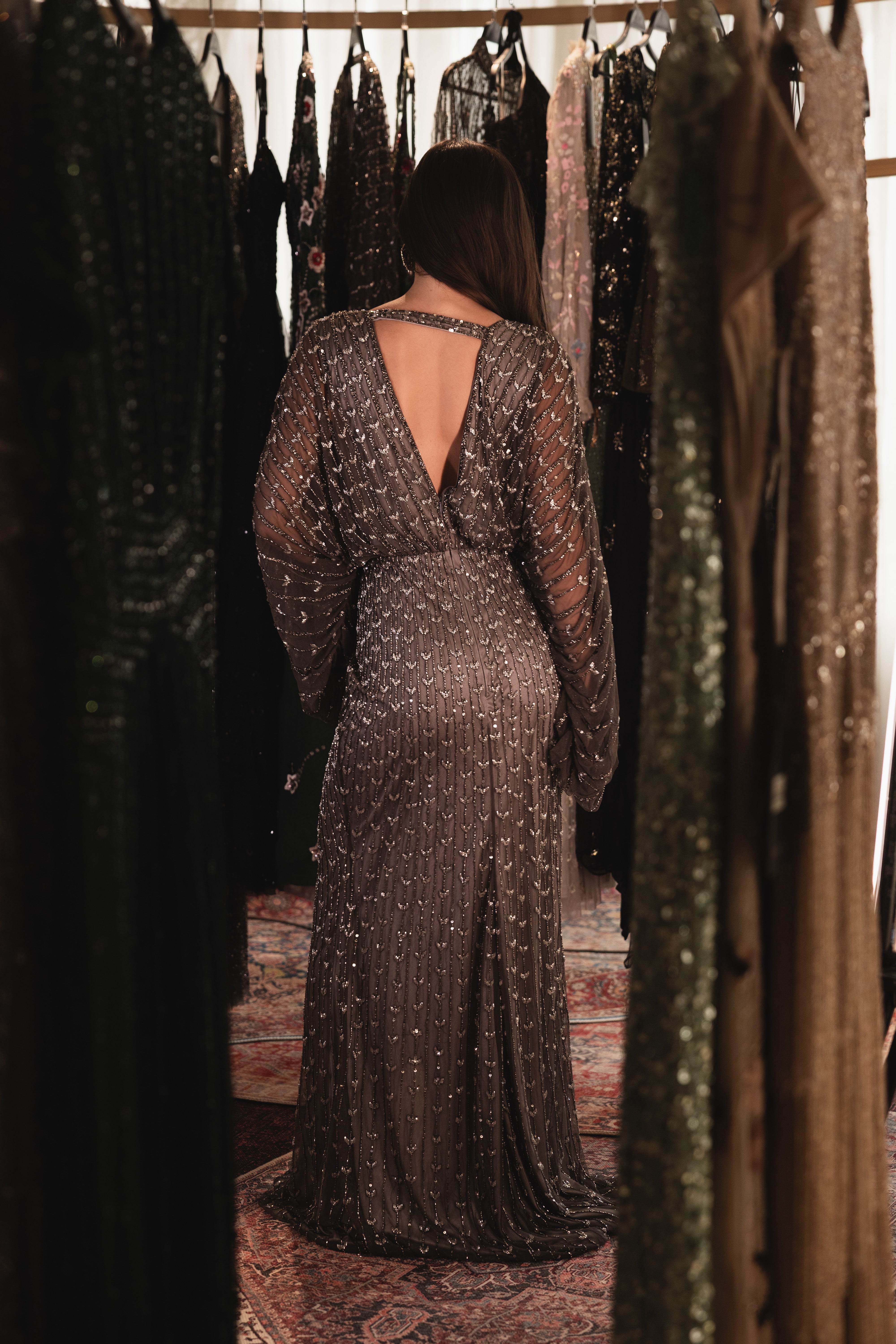 Beaded v neck long dress in grey