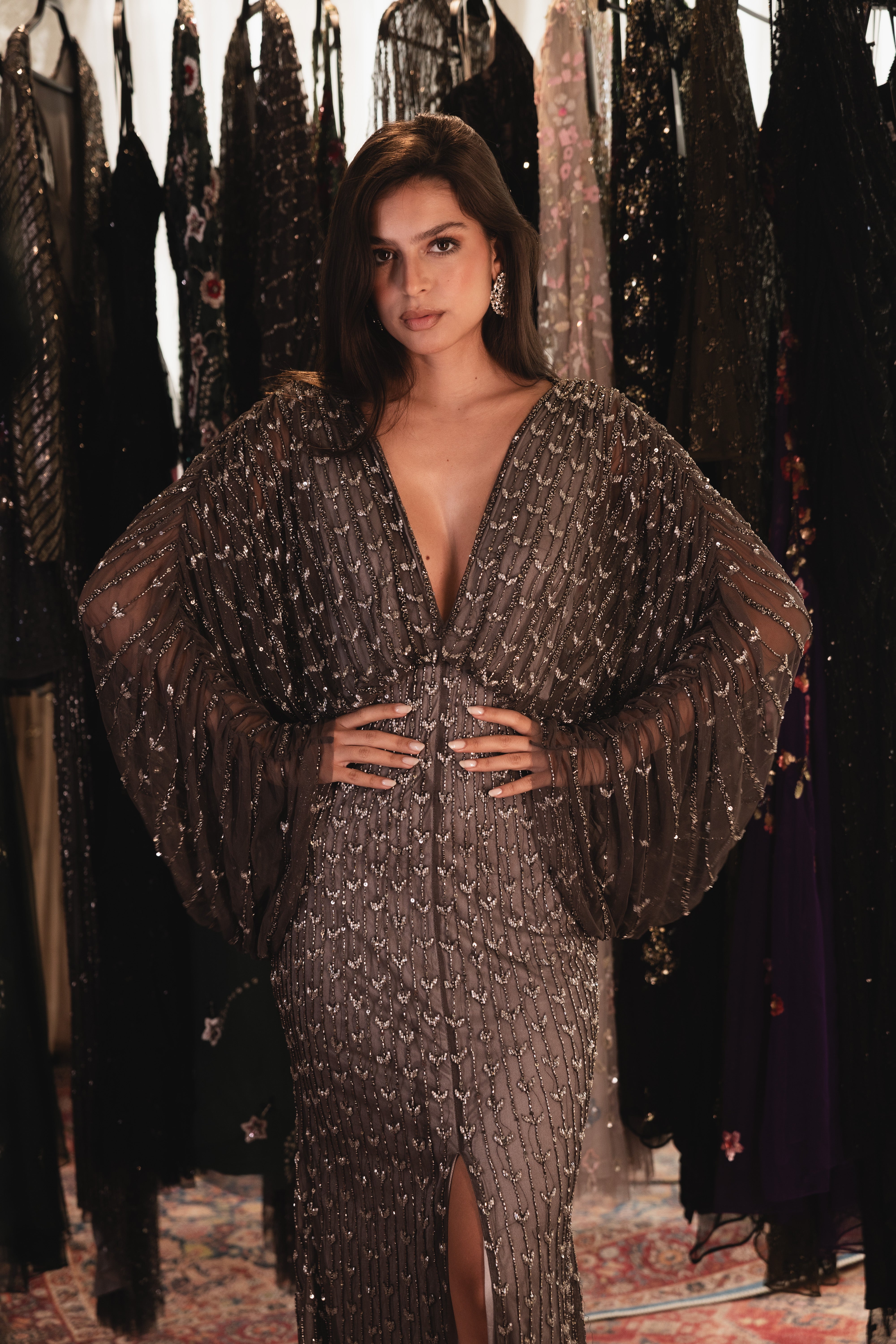 Beaded v neck long dress in grey
