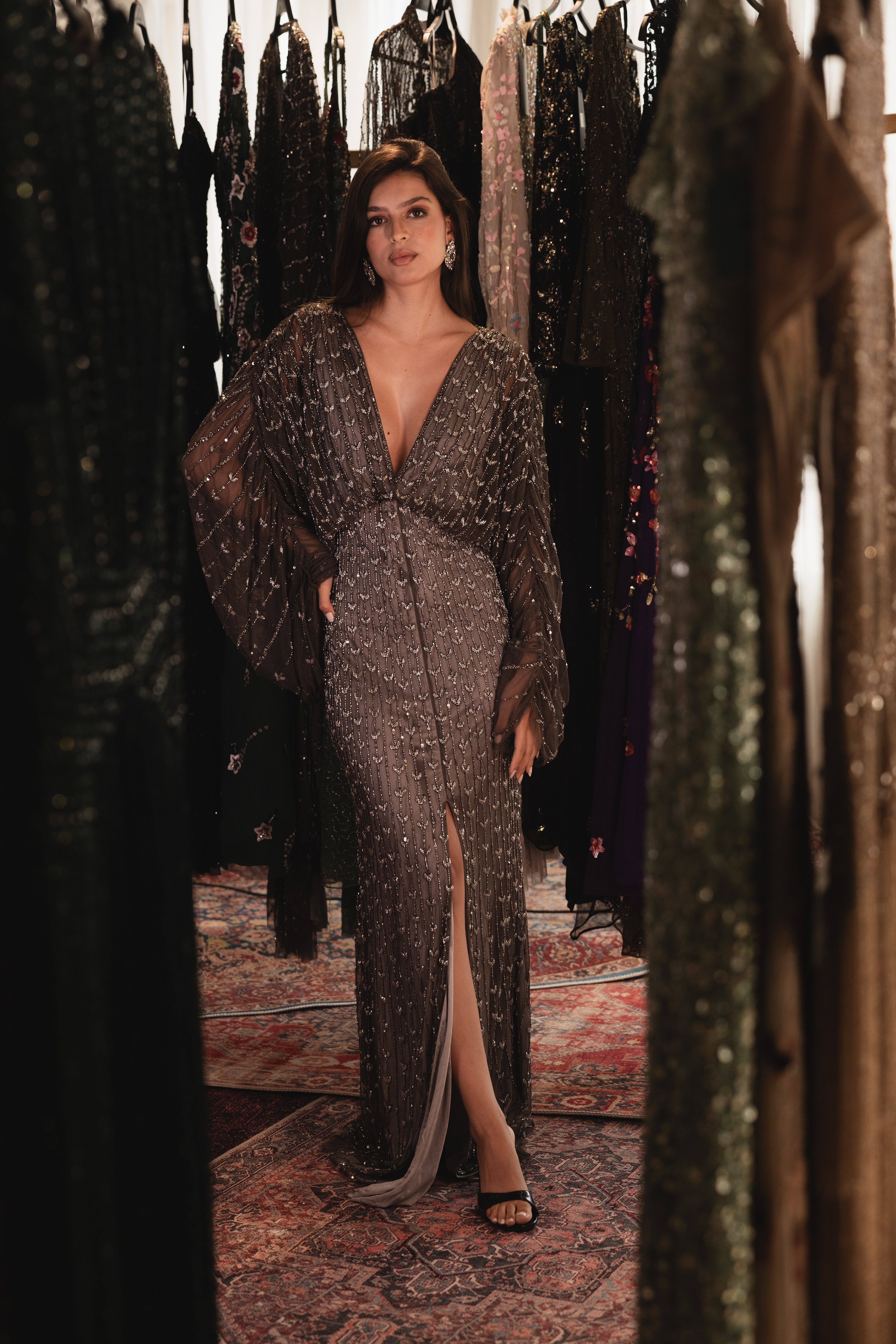 Beaded v neck long dress in grey