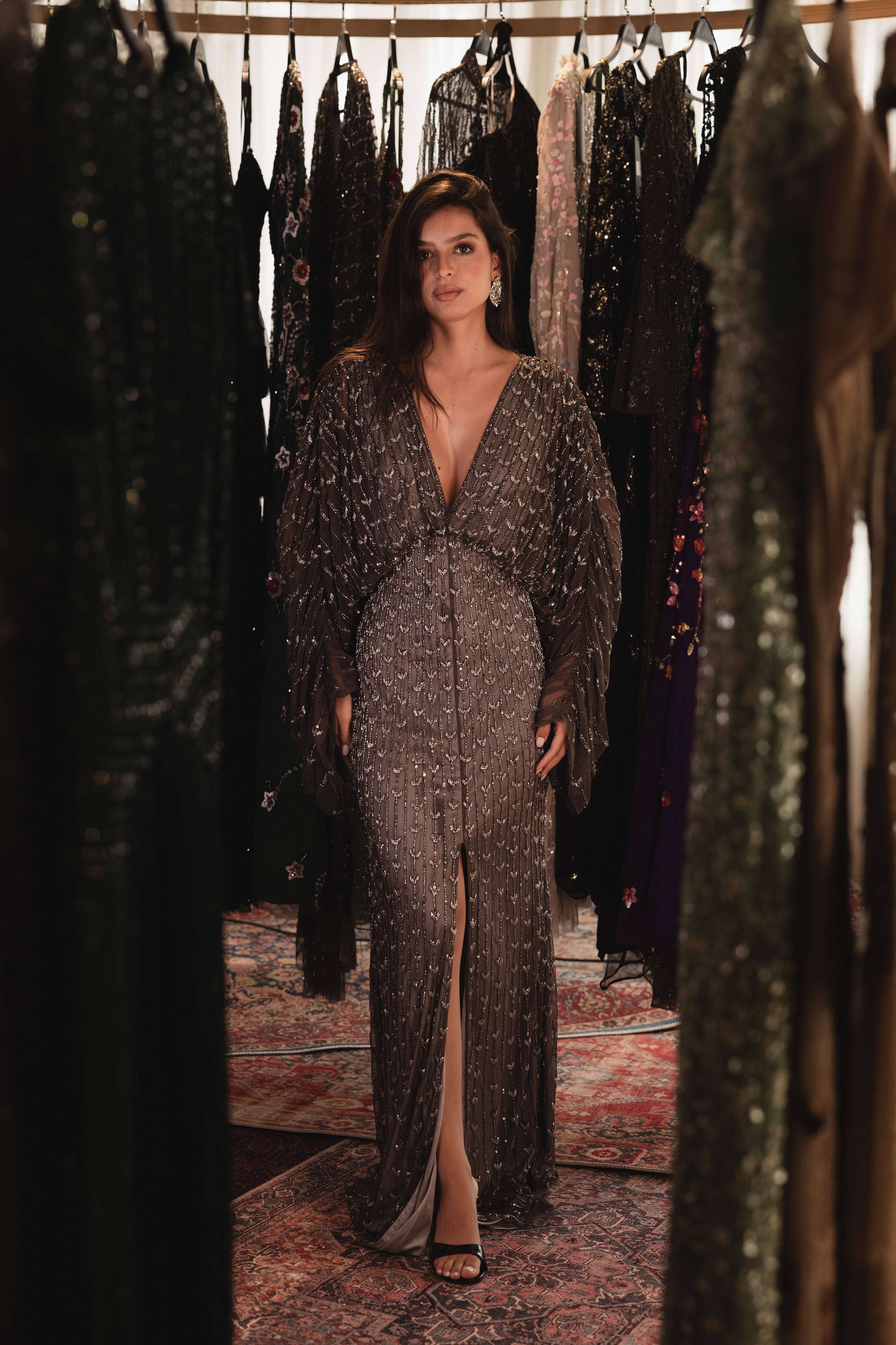 Beaded v neck long dress in grey