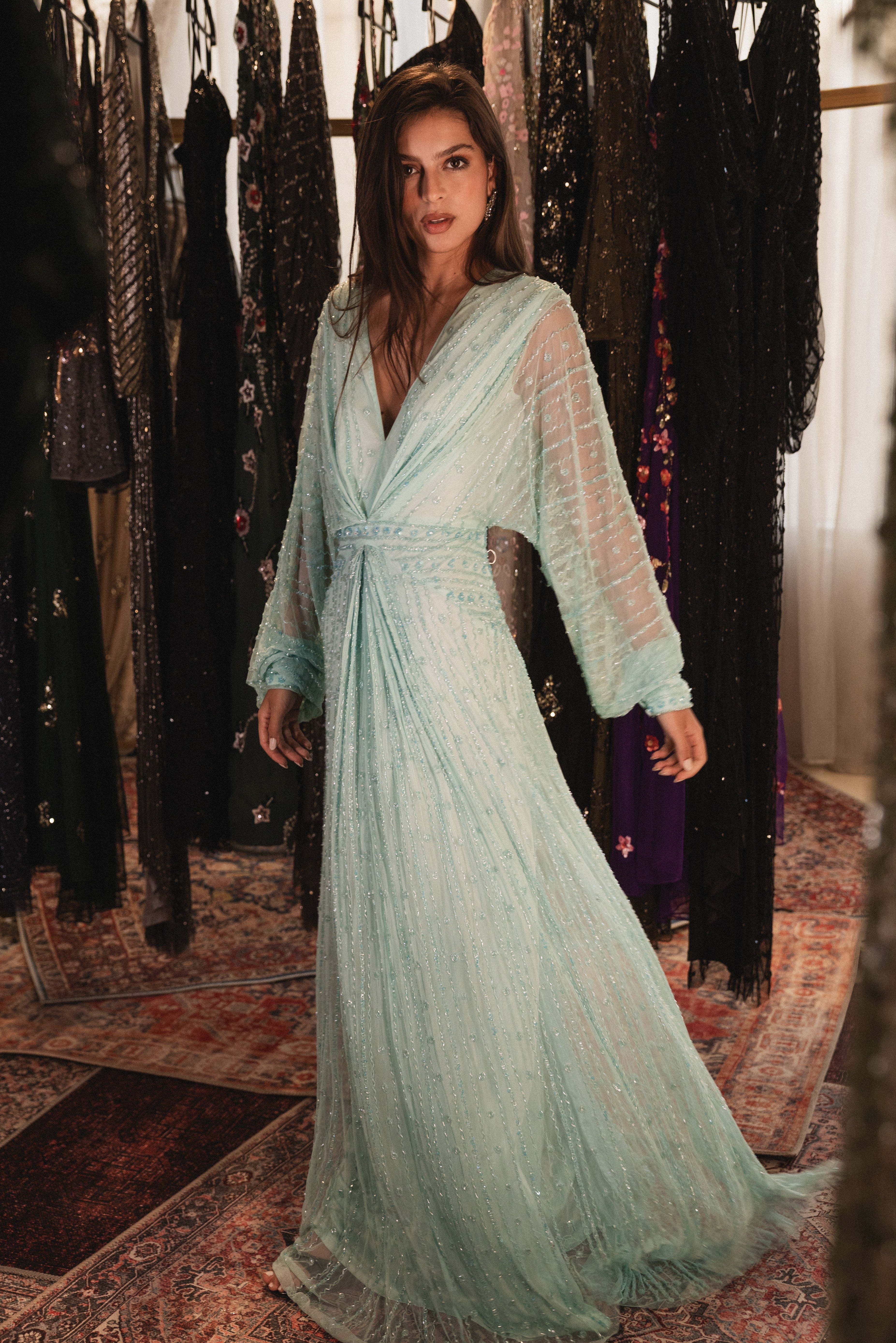 Beaded long sleeve v neck in baby blue