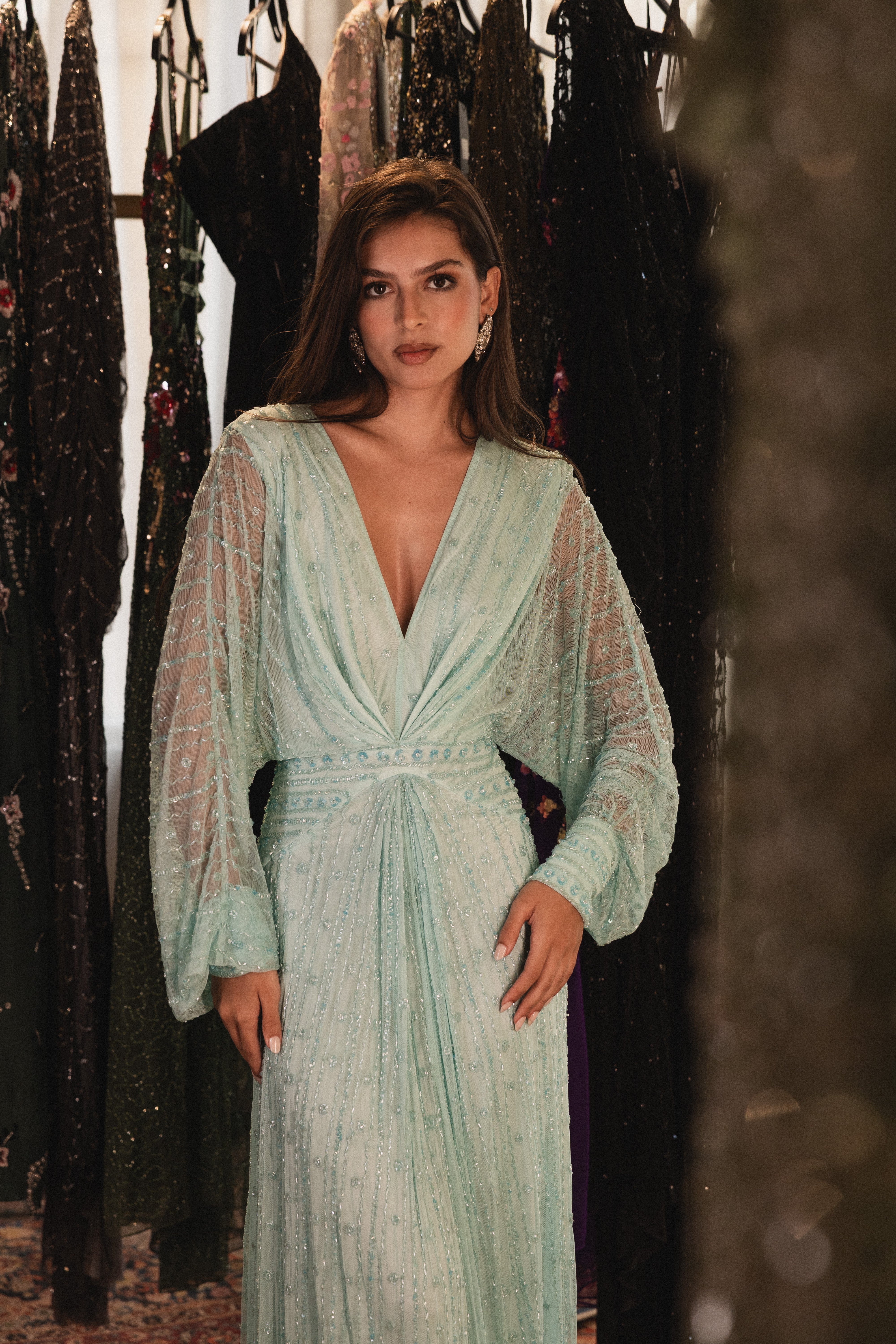 Beaded long sleeve v neck in baby blue