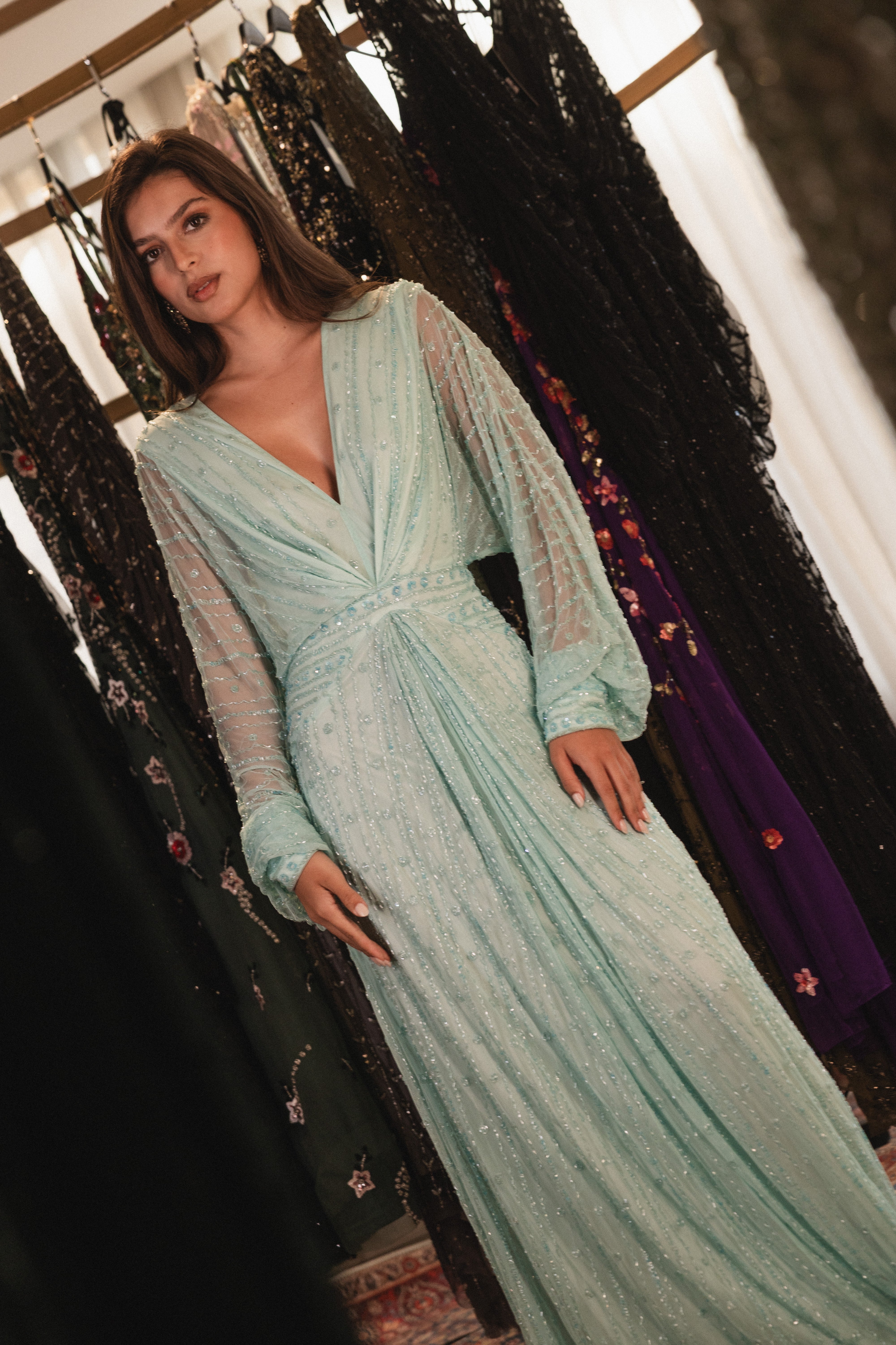 Beaded long sleeve v neck in baby blue