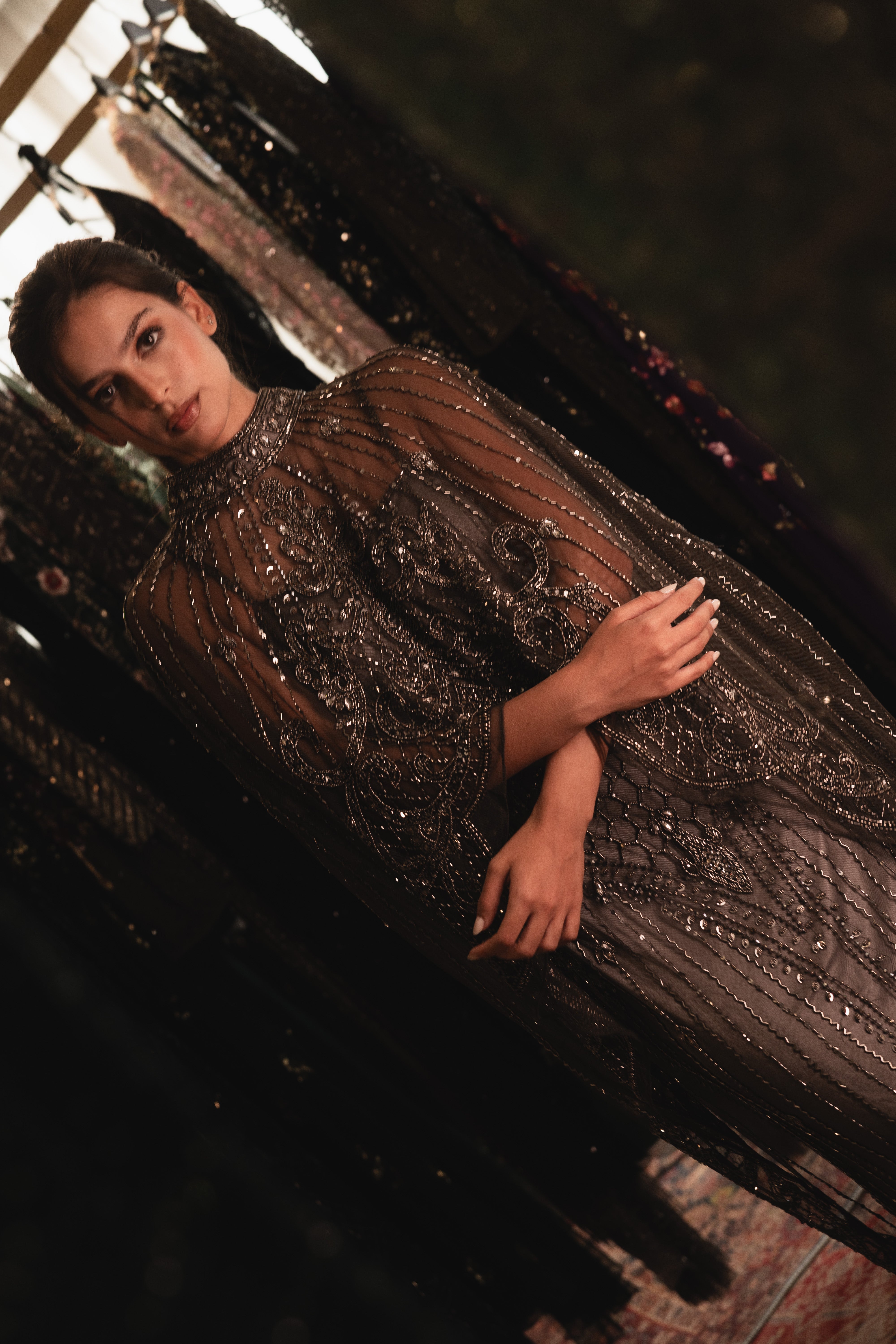 Strap Beaded long dress with cape in dark grey