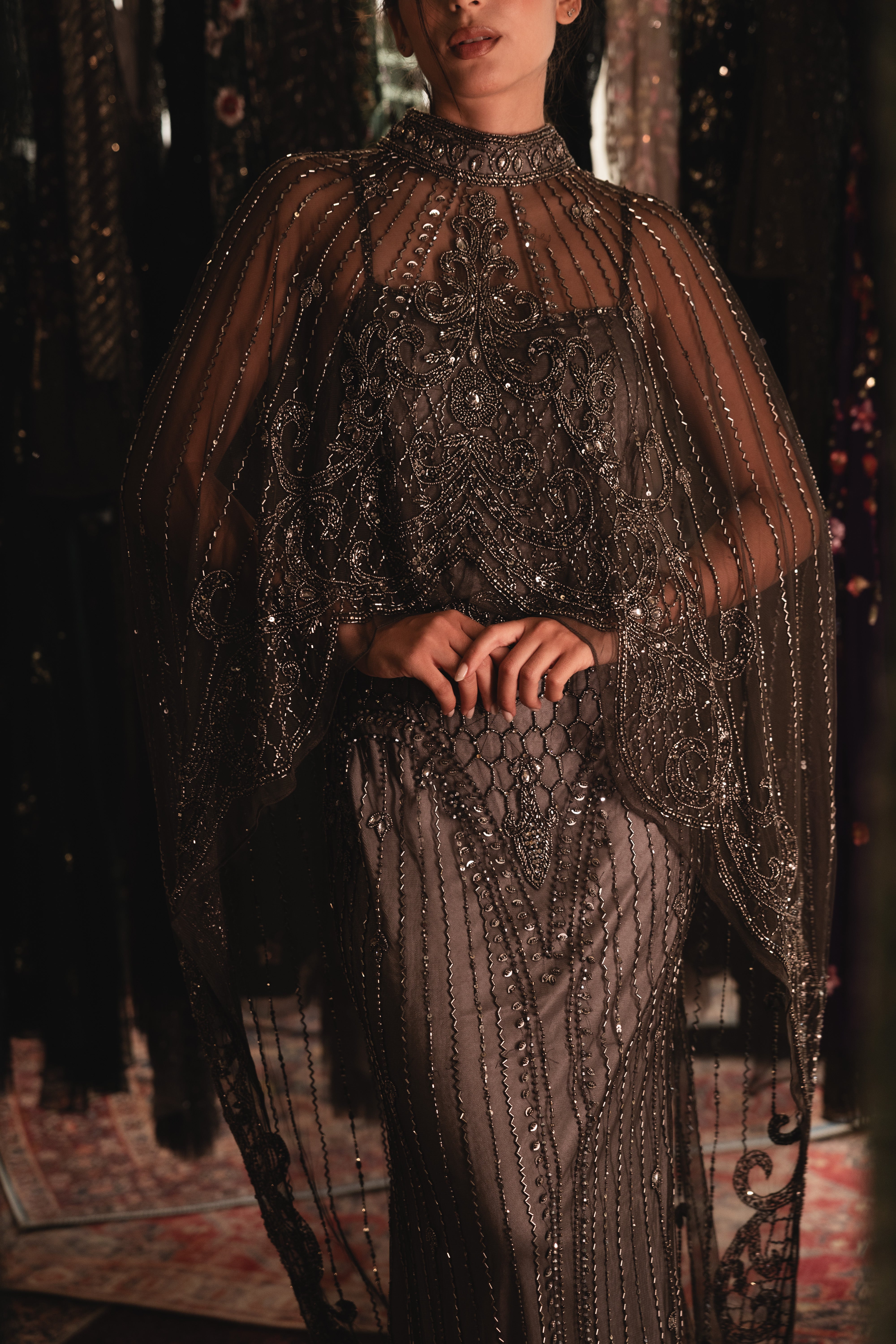 Strap Beaded long dress with cape in dark grey