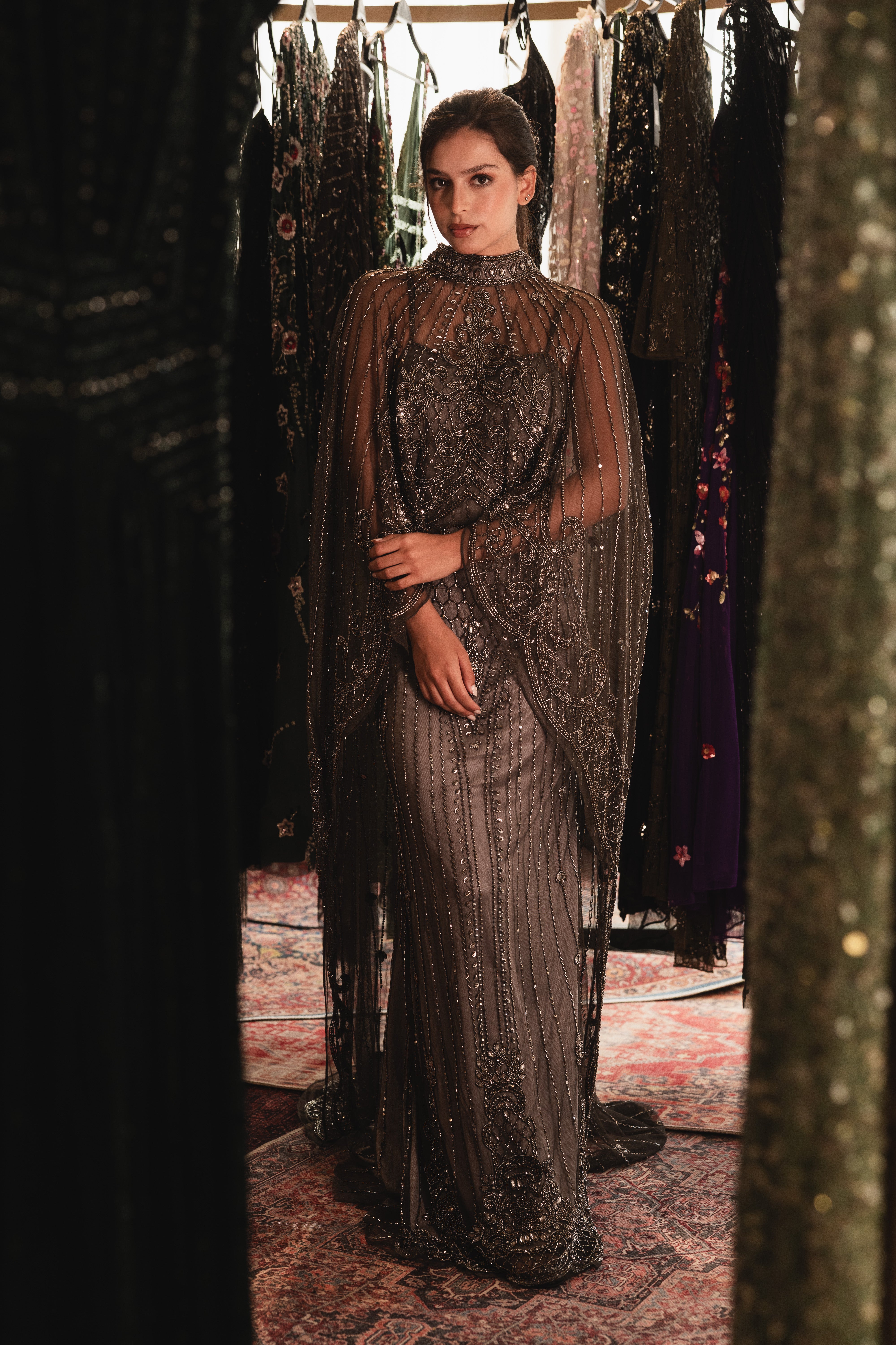 Strap Beaded long dress with cape in dark grey