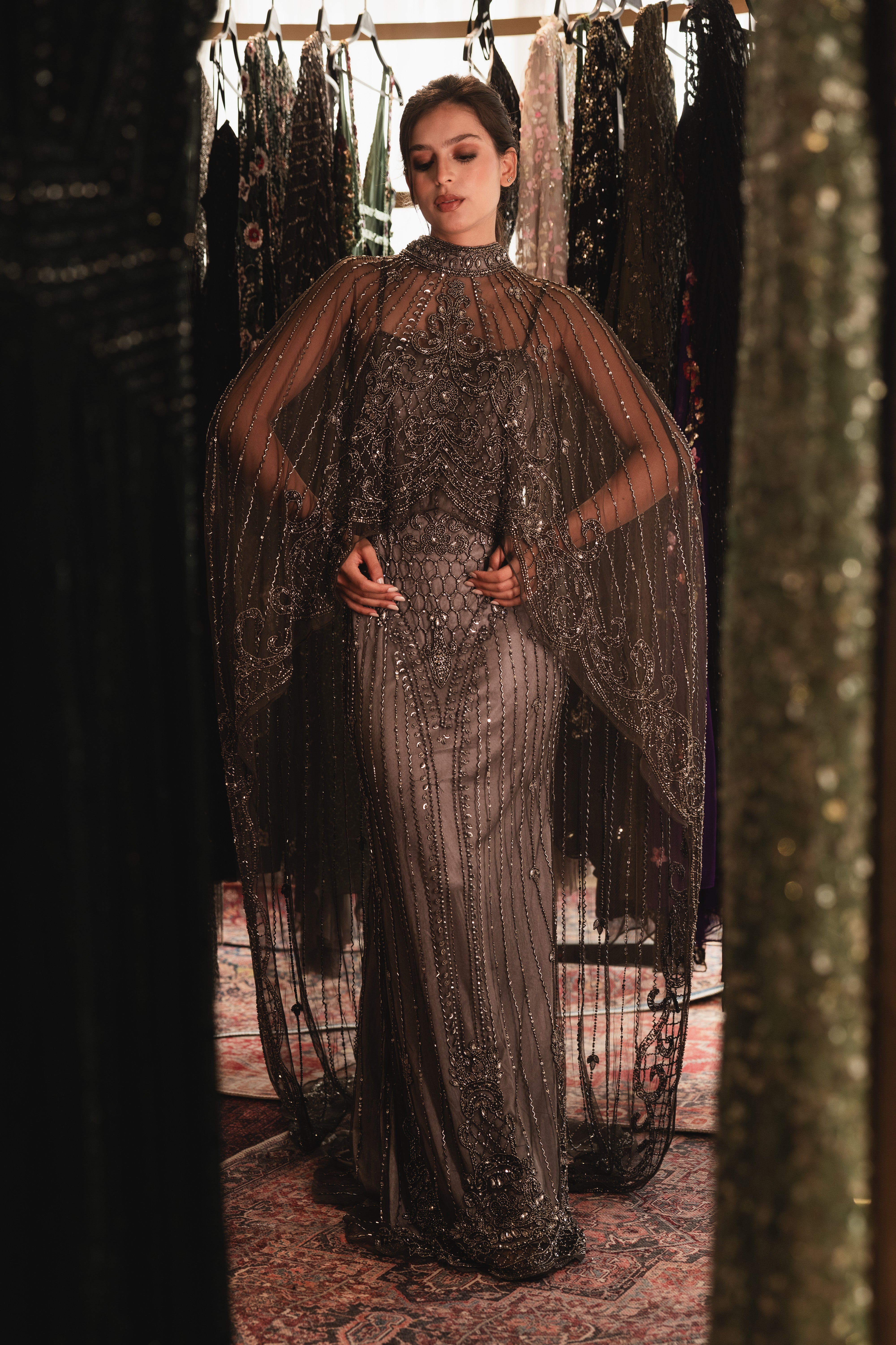 Strap Beaded long dress with cape in dark grey