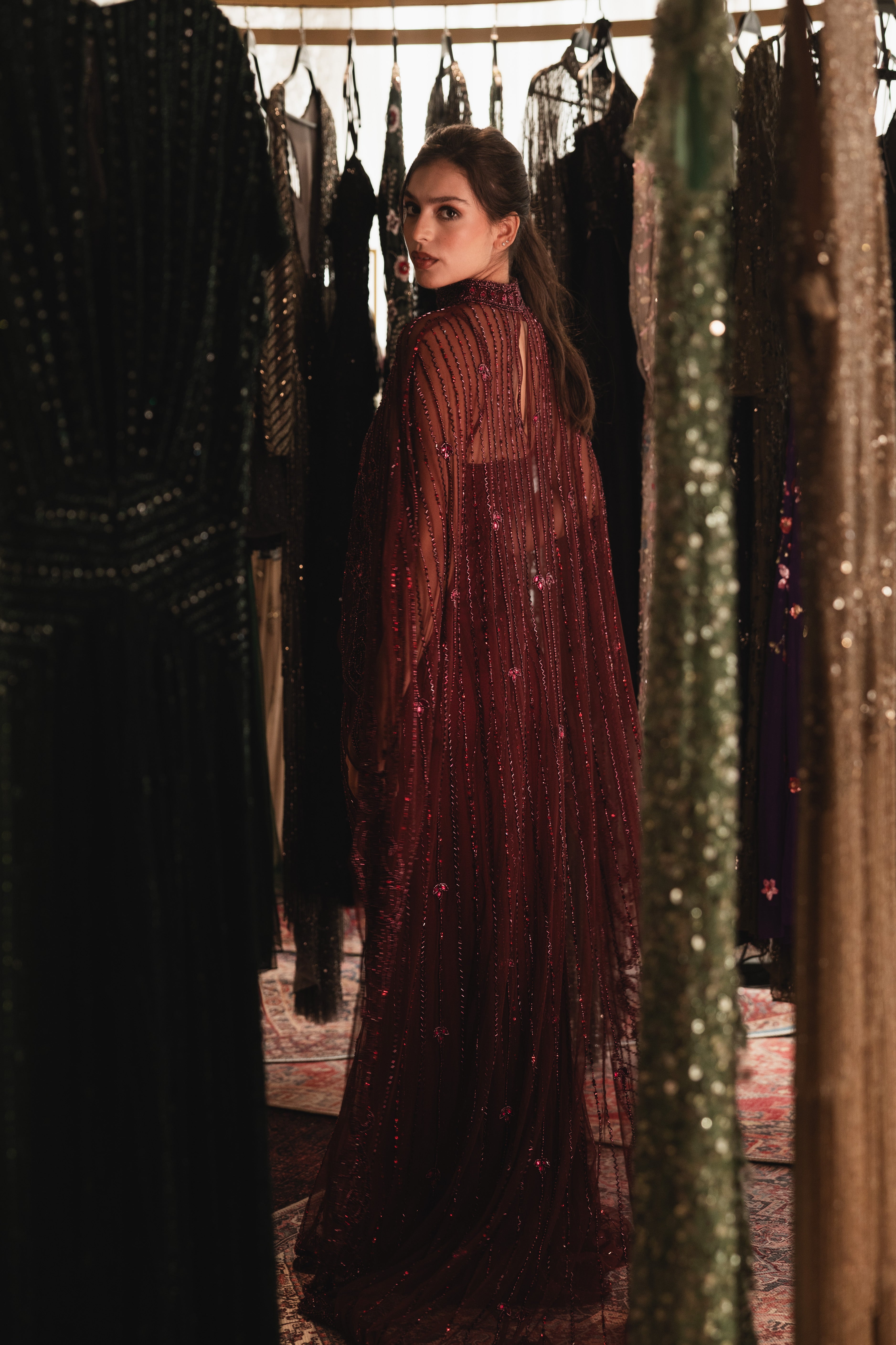 Strap Beaded long dress with cape in burgundy