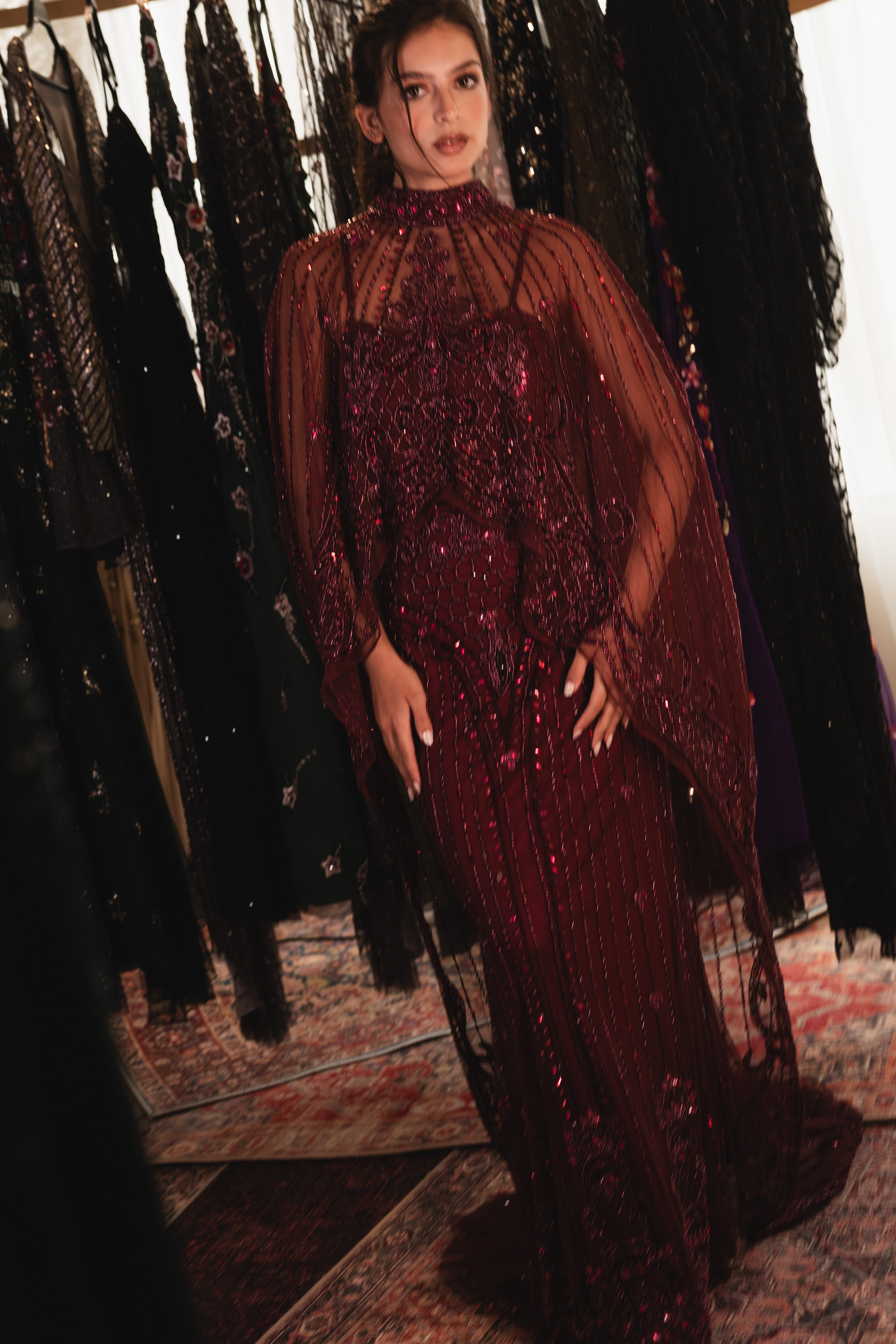 Strap Beaded long dress with cape in burgundy