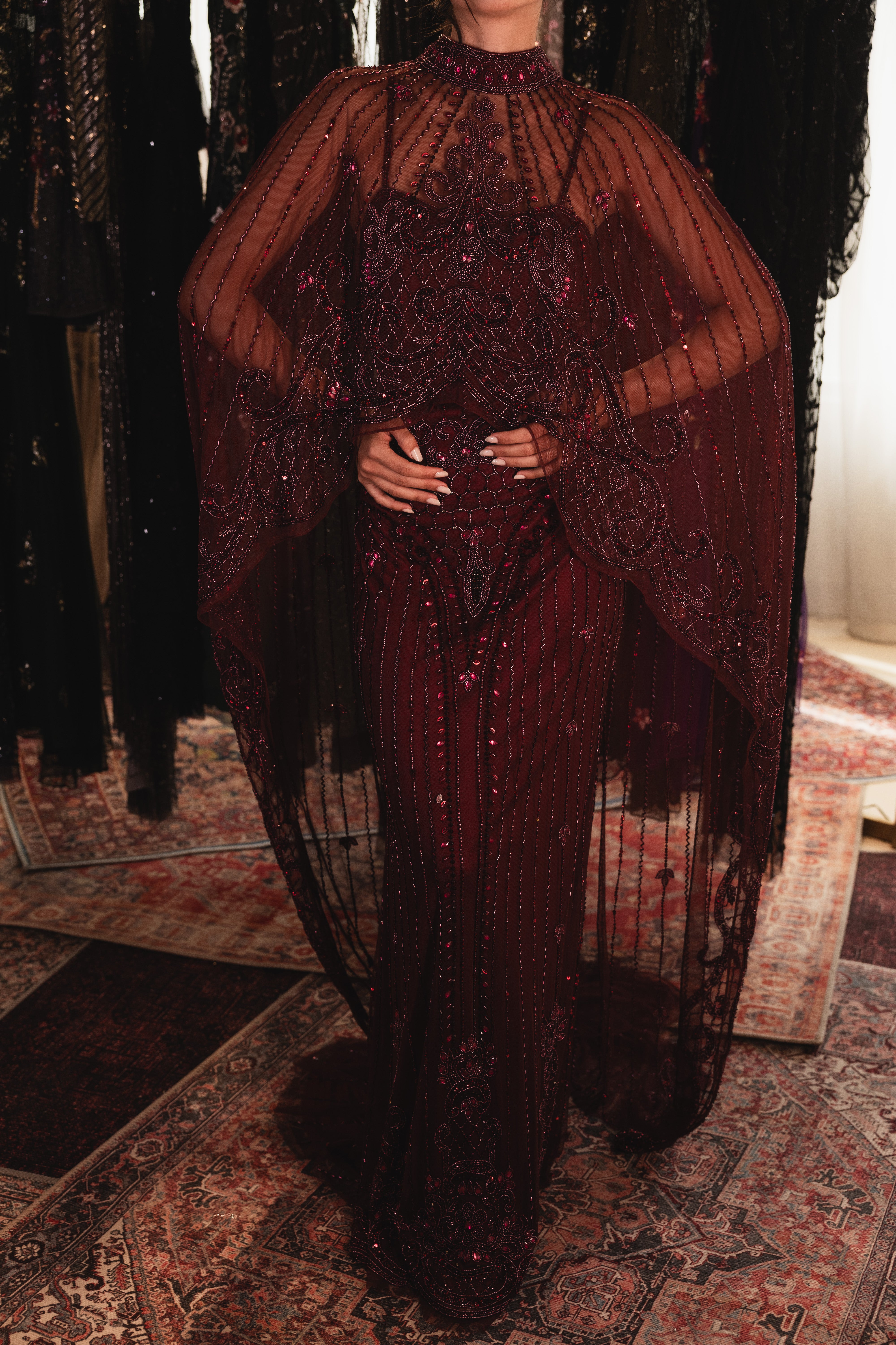 Strap Beaded long dress with cape in burgundy