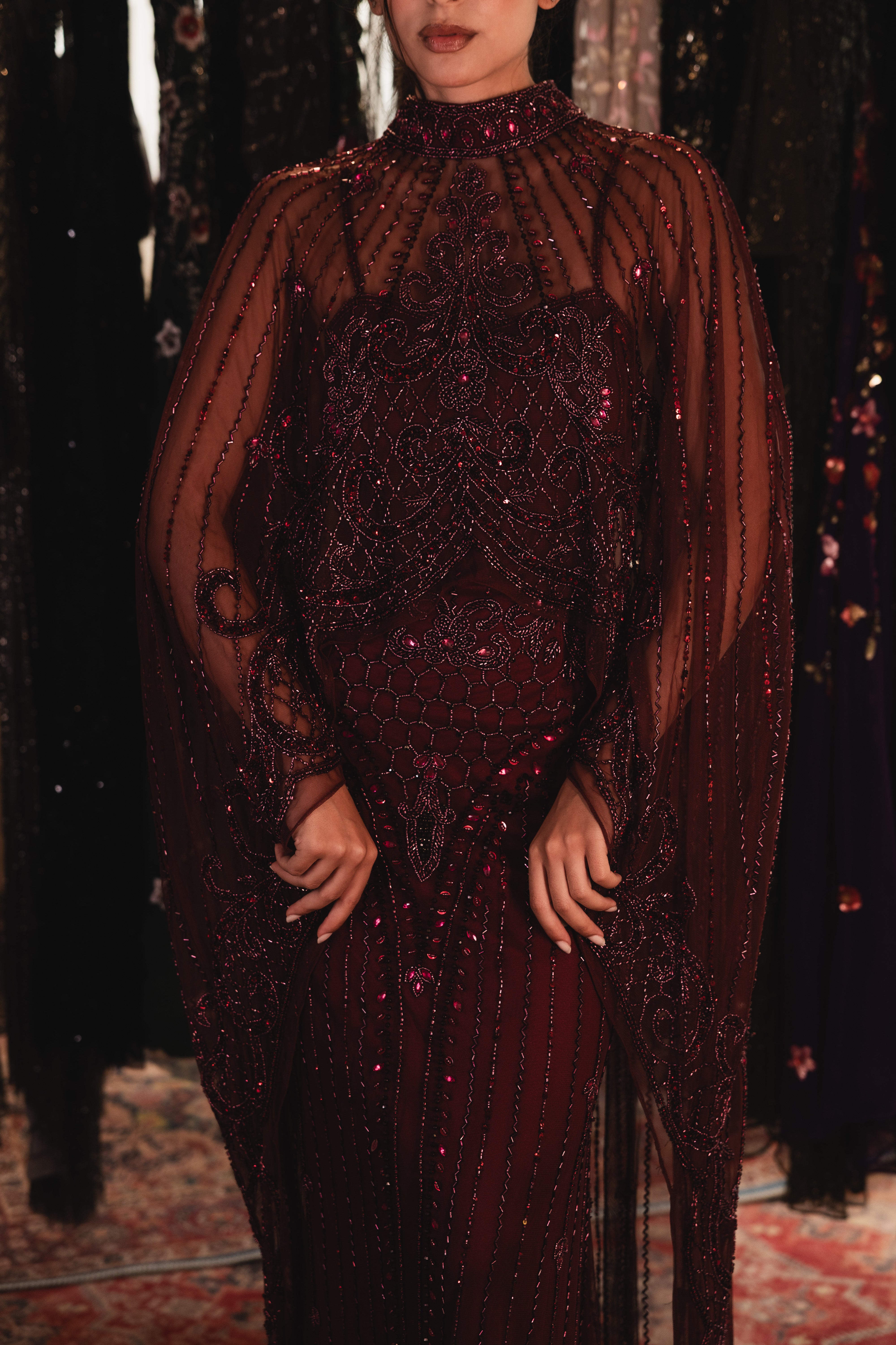 Strap Beaded long dress with cape in burgundy