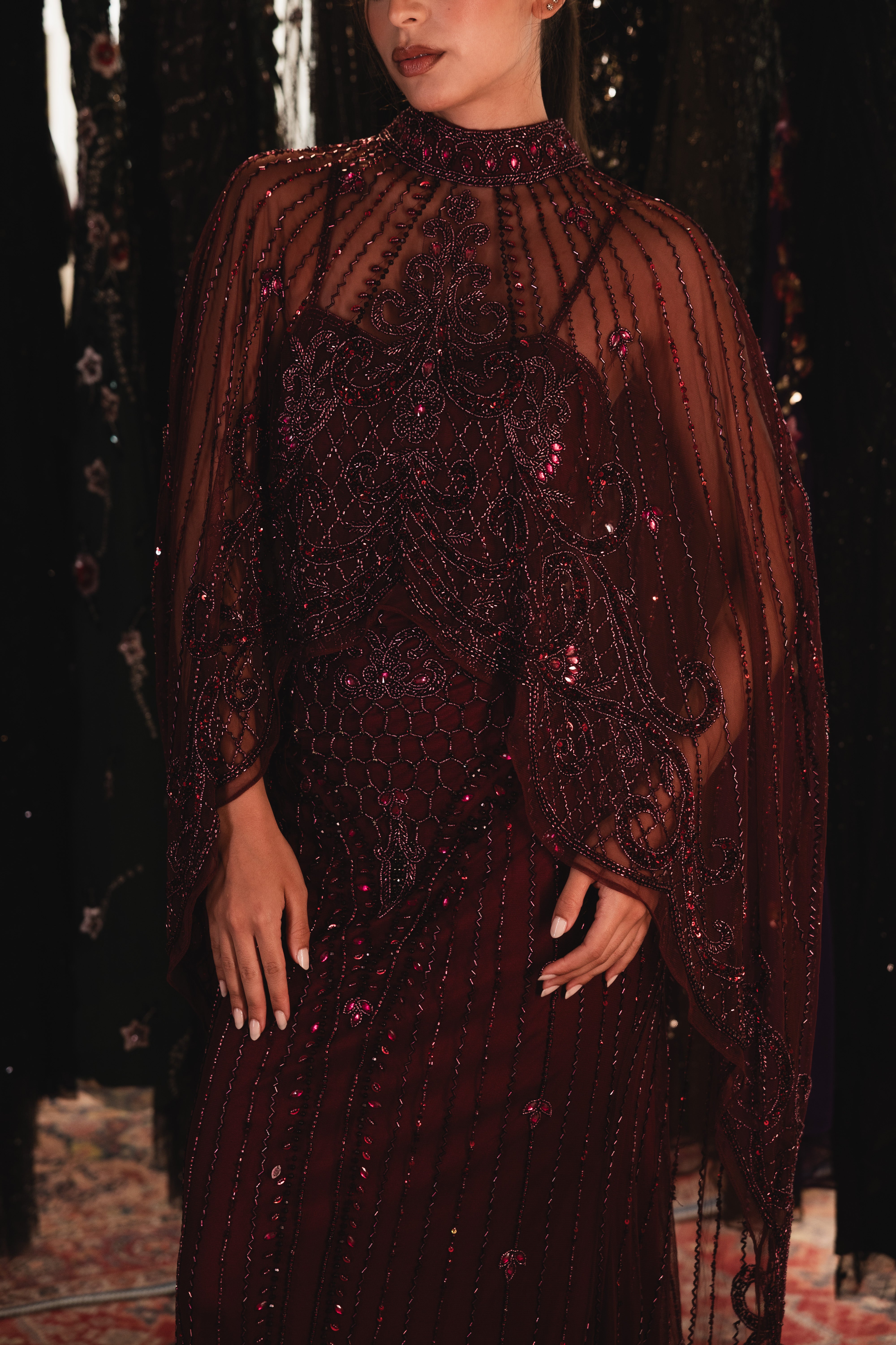 Strap Beaded long dress with cape in burgundy