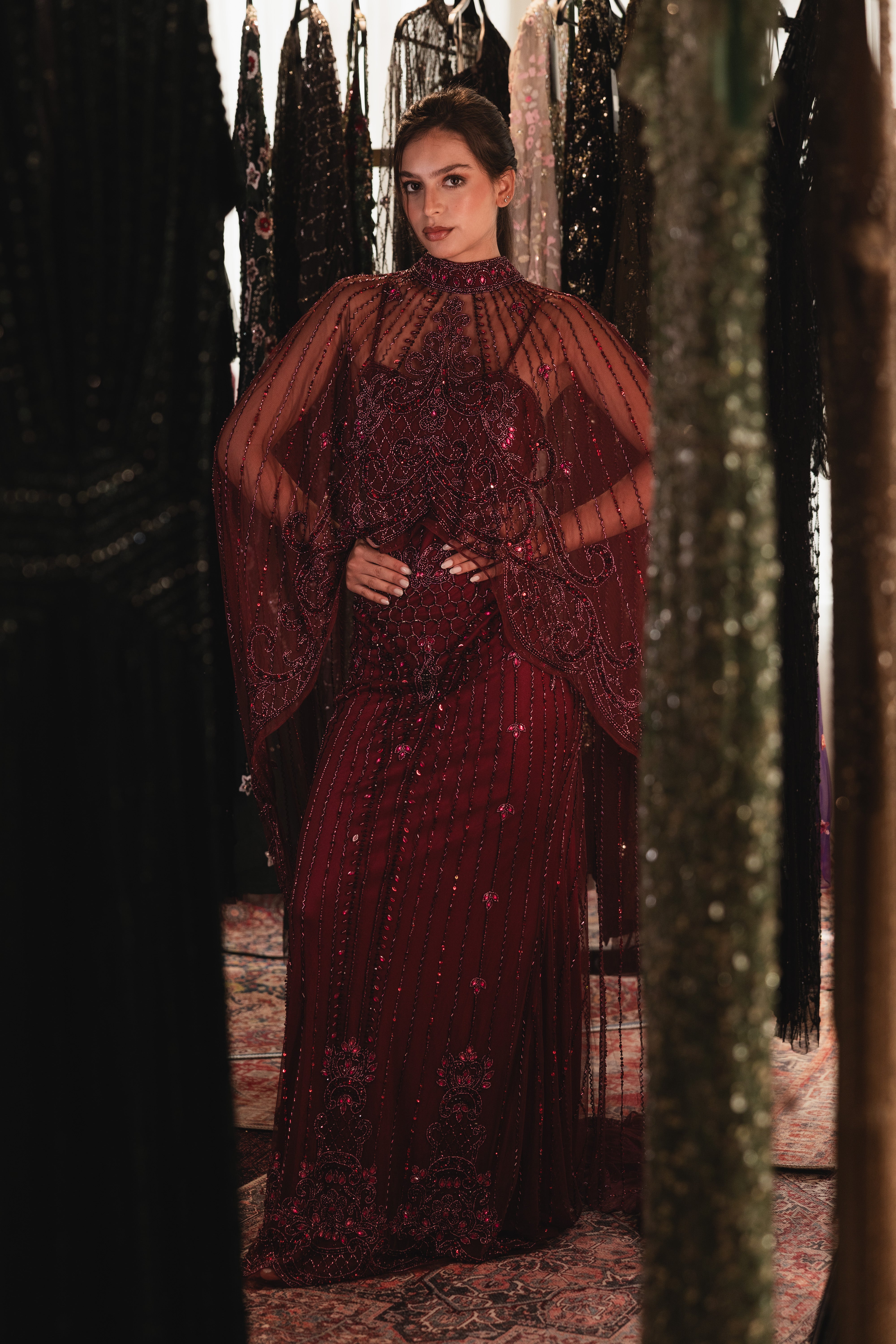 Strap Beaded long dress with cape in burgundy