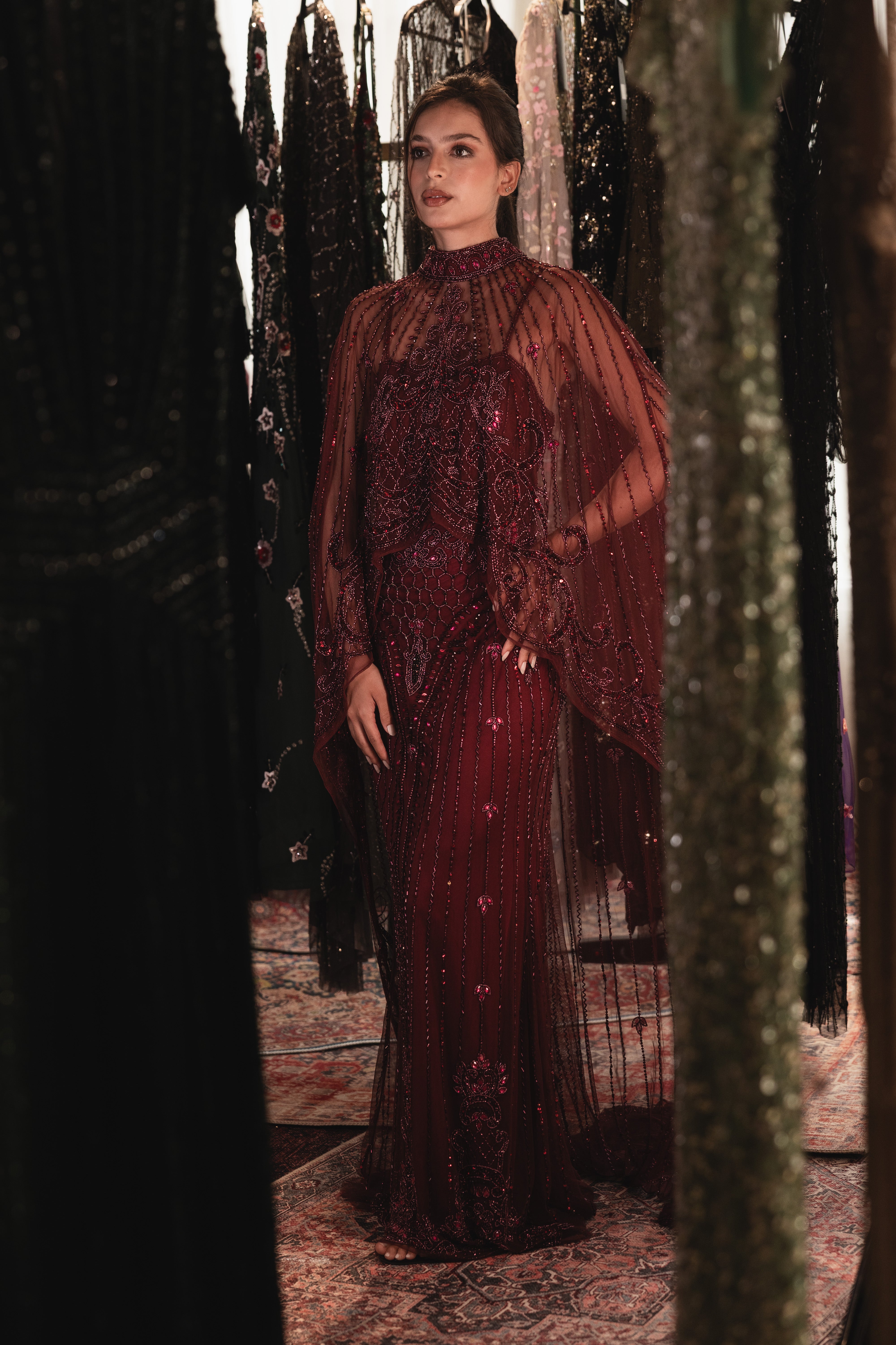 Strap Beaded long dress with cape in burgundy