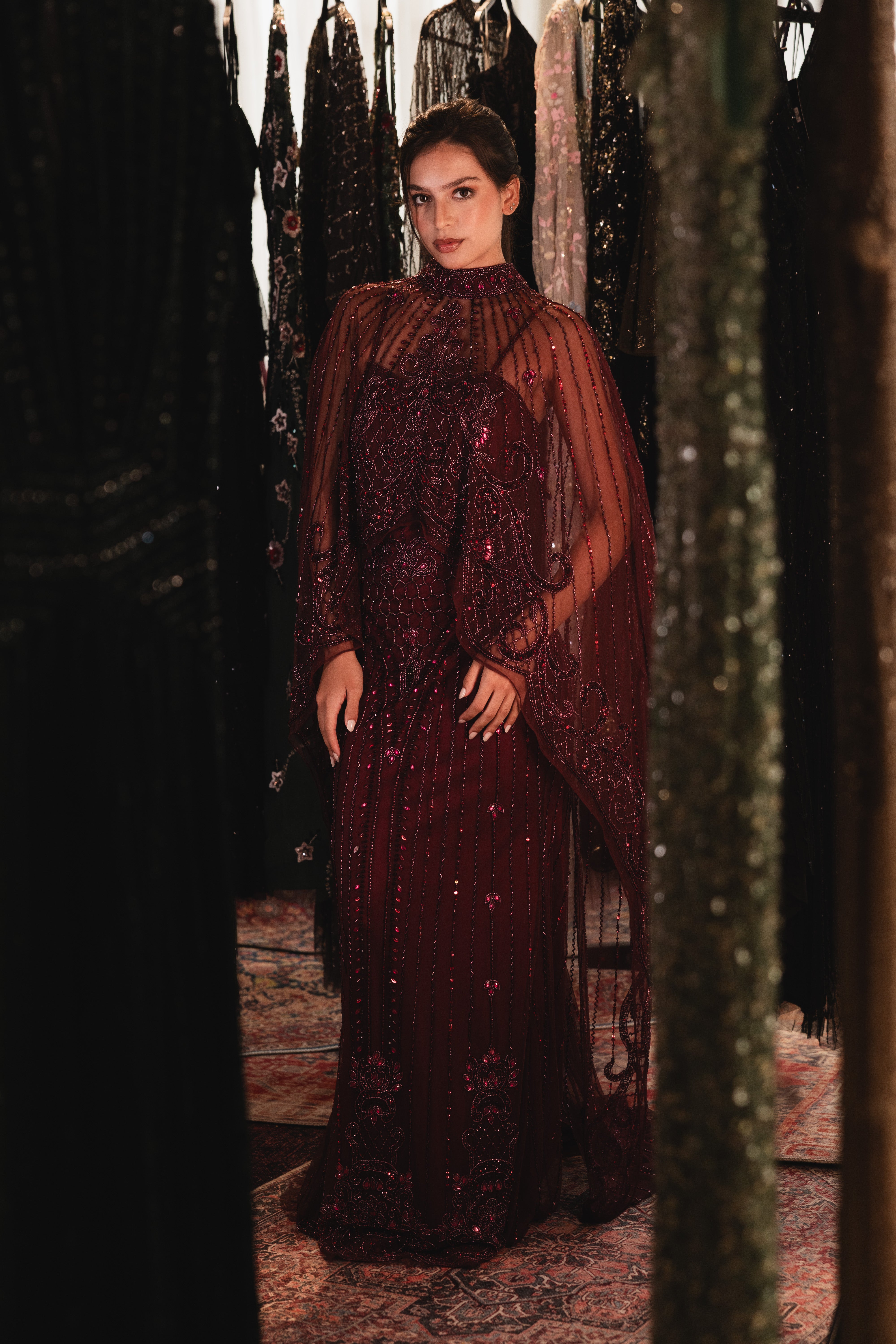 Strap Beaded long dress with cape in burgundy