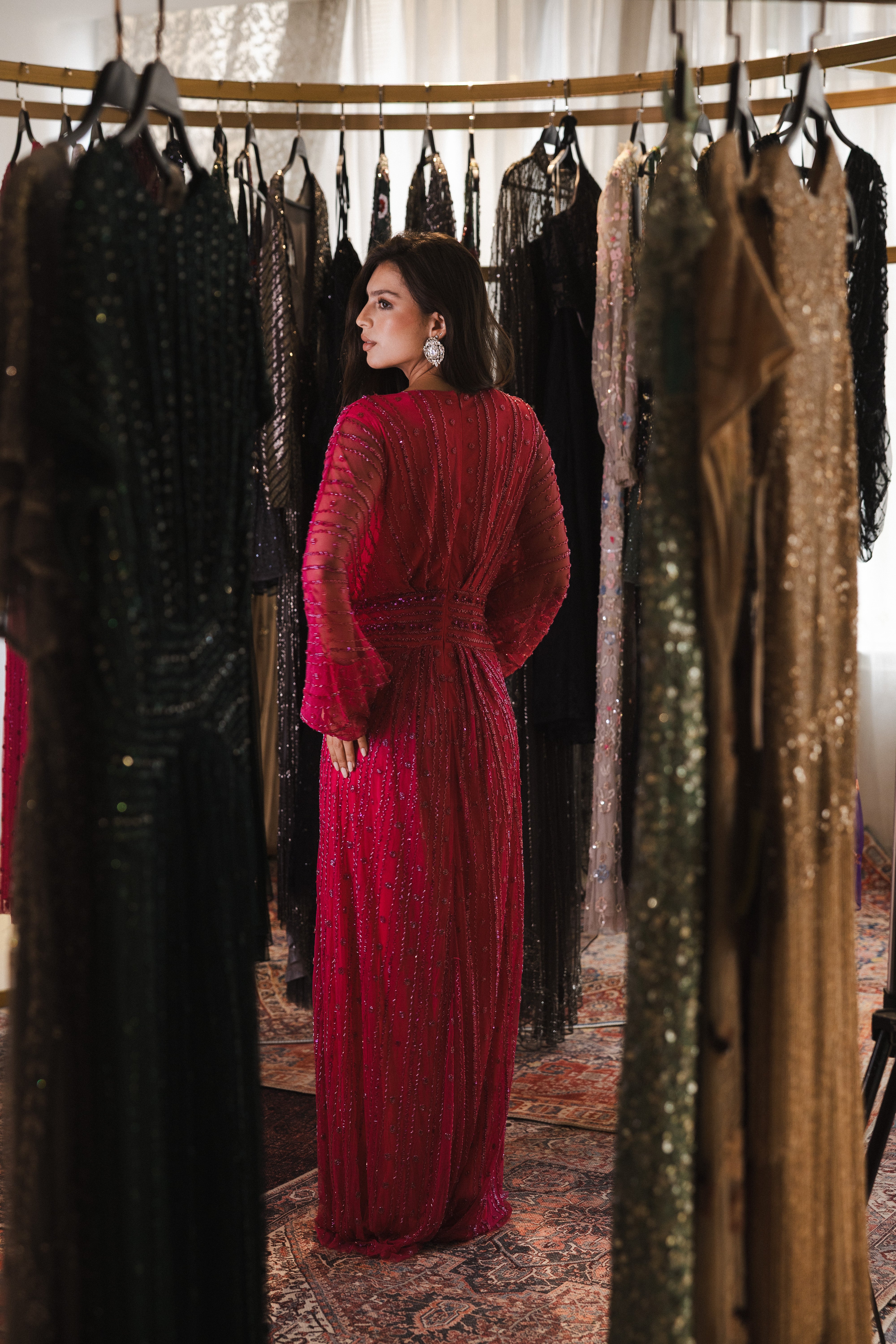 Beaded long sleeve v neck in fuschia