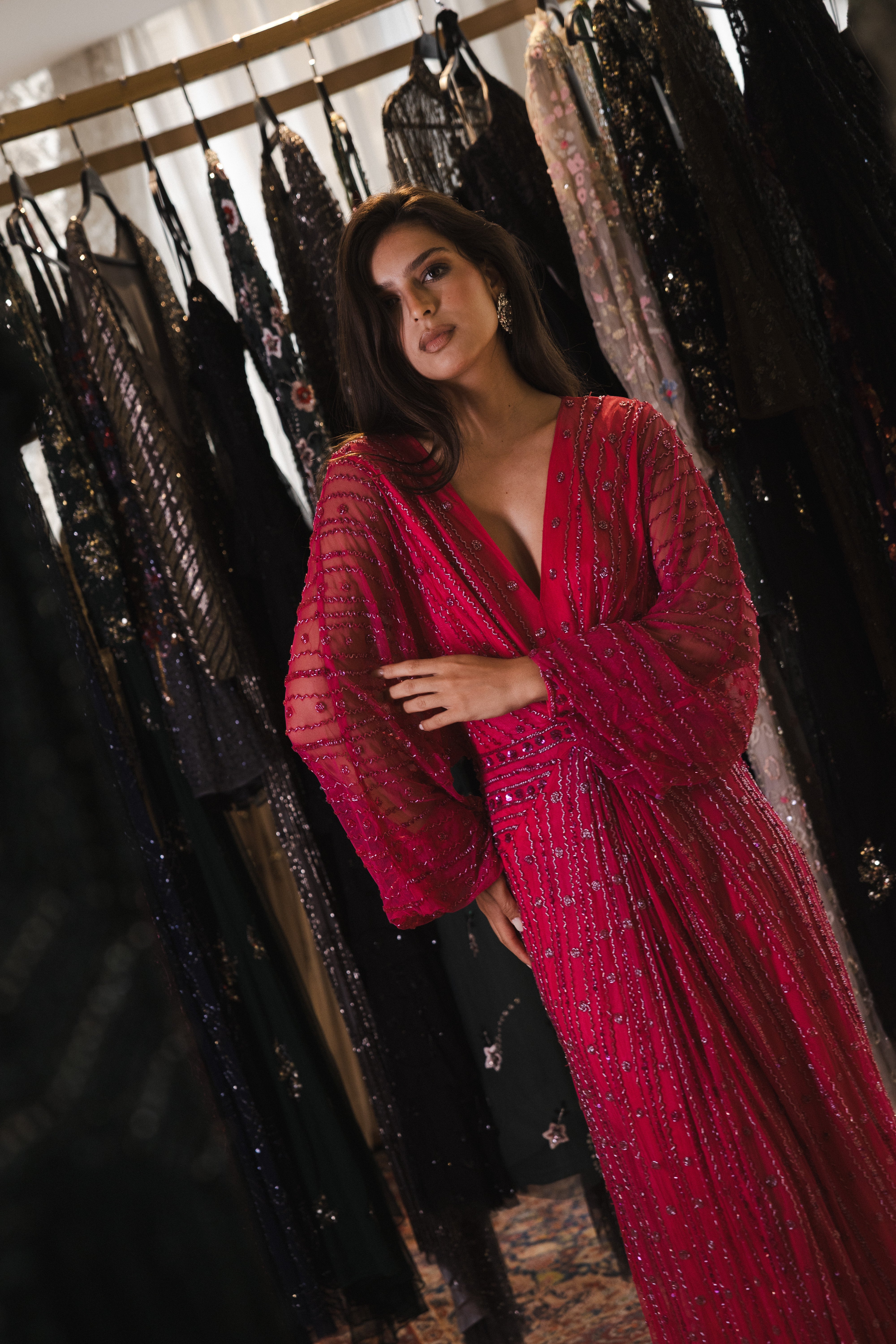 Beaded long sleeve v neck in fuschia