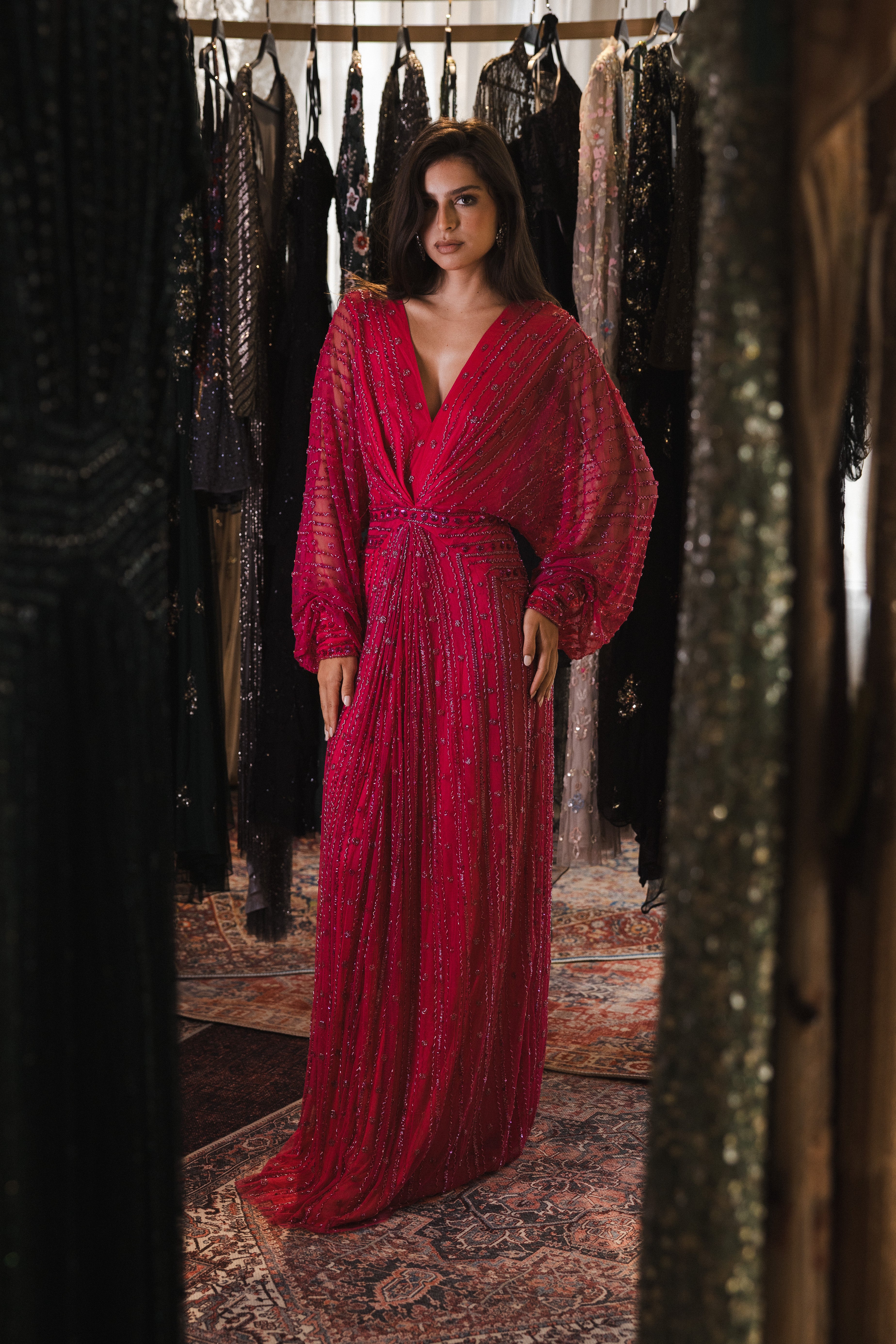 Beaded long sleeve v neck in fuschia