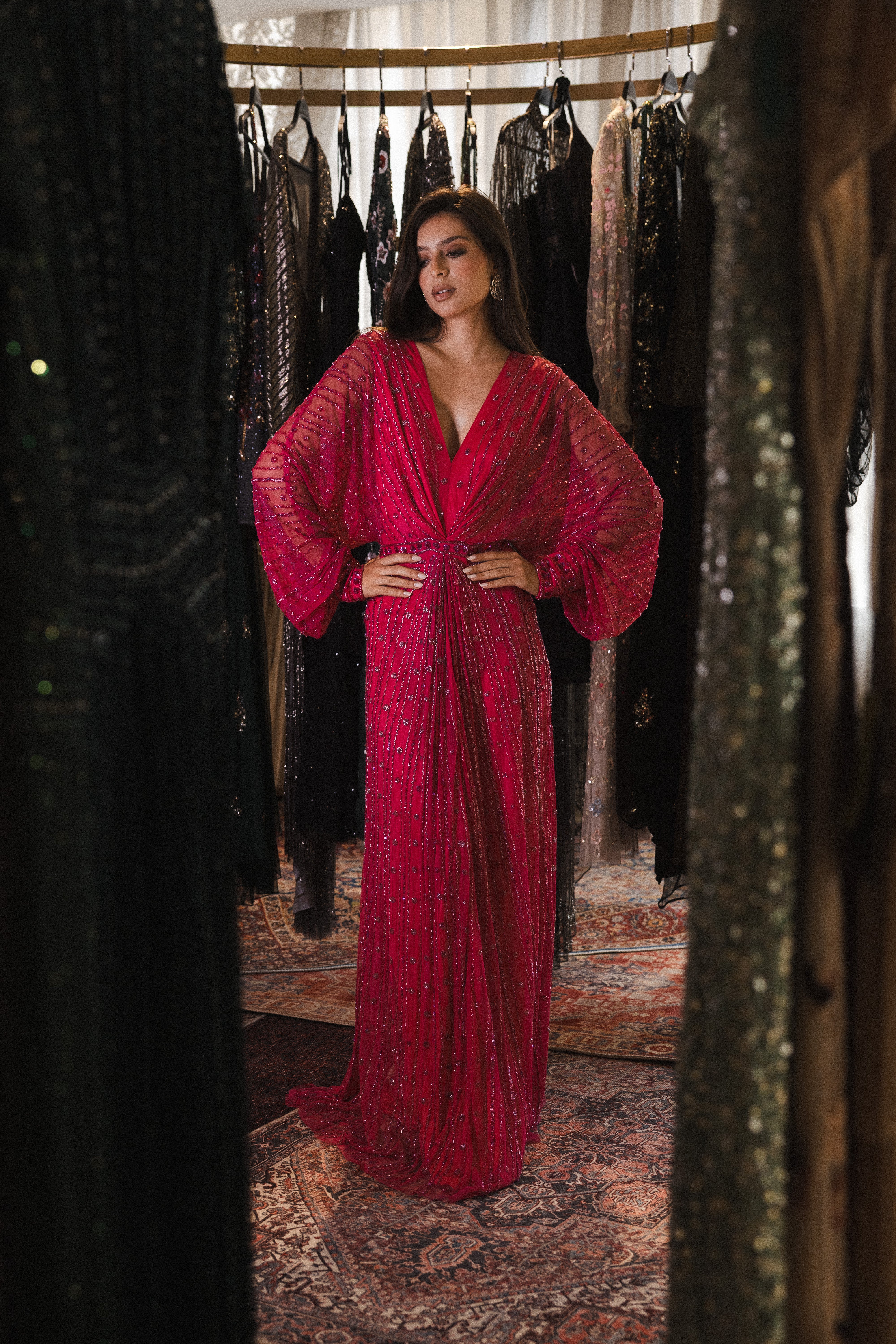 Beaded long sleeve v neck in fuschia