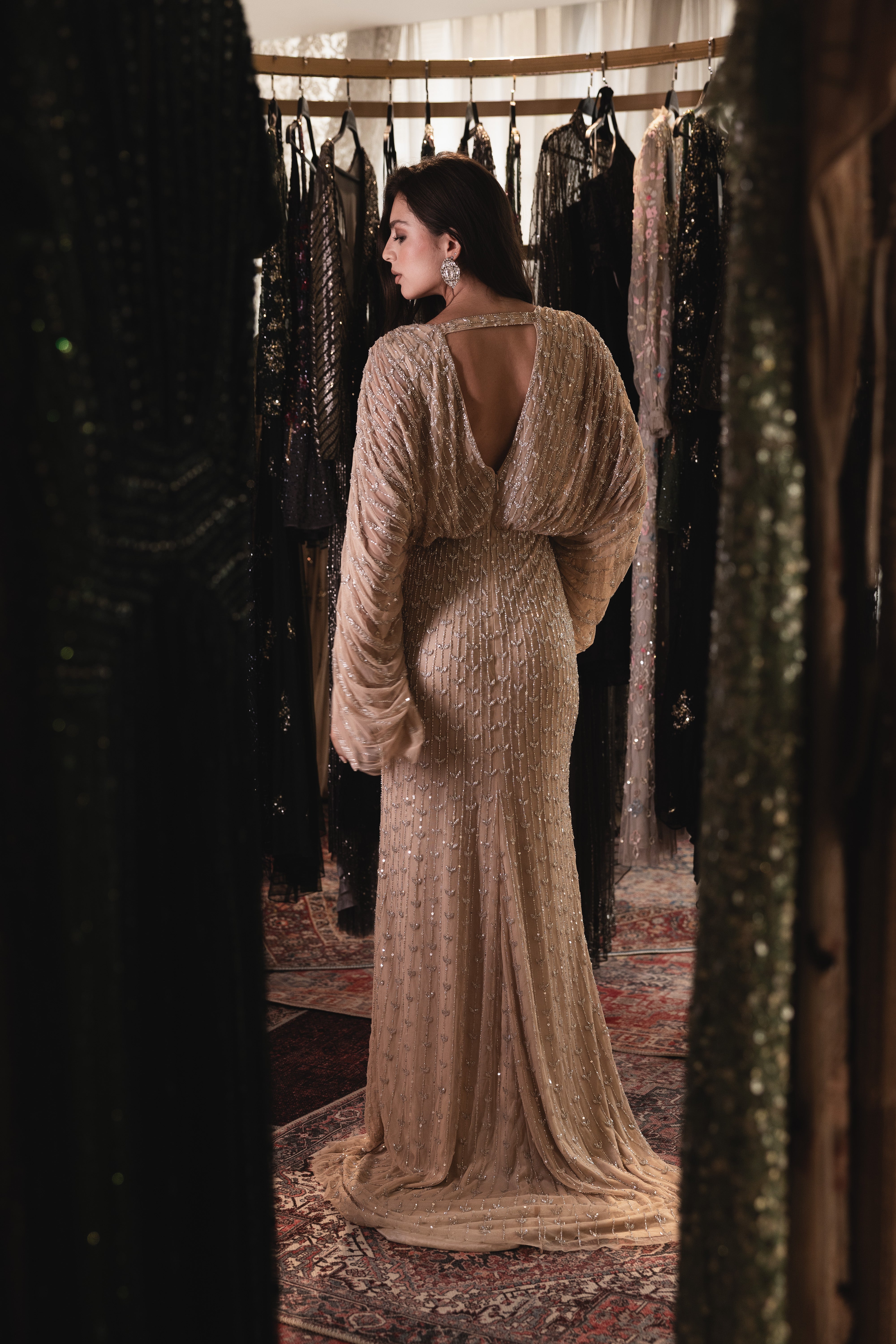 Beaded v neck long dress in beige