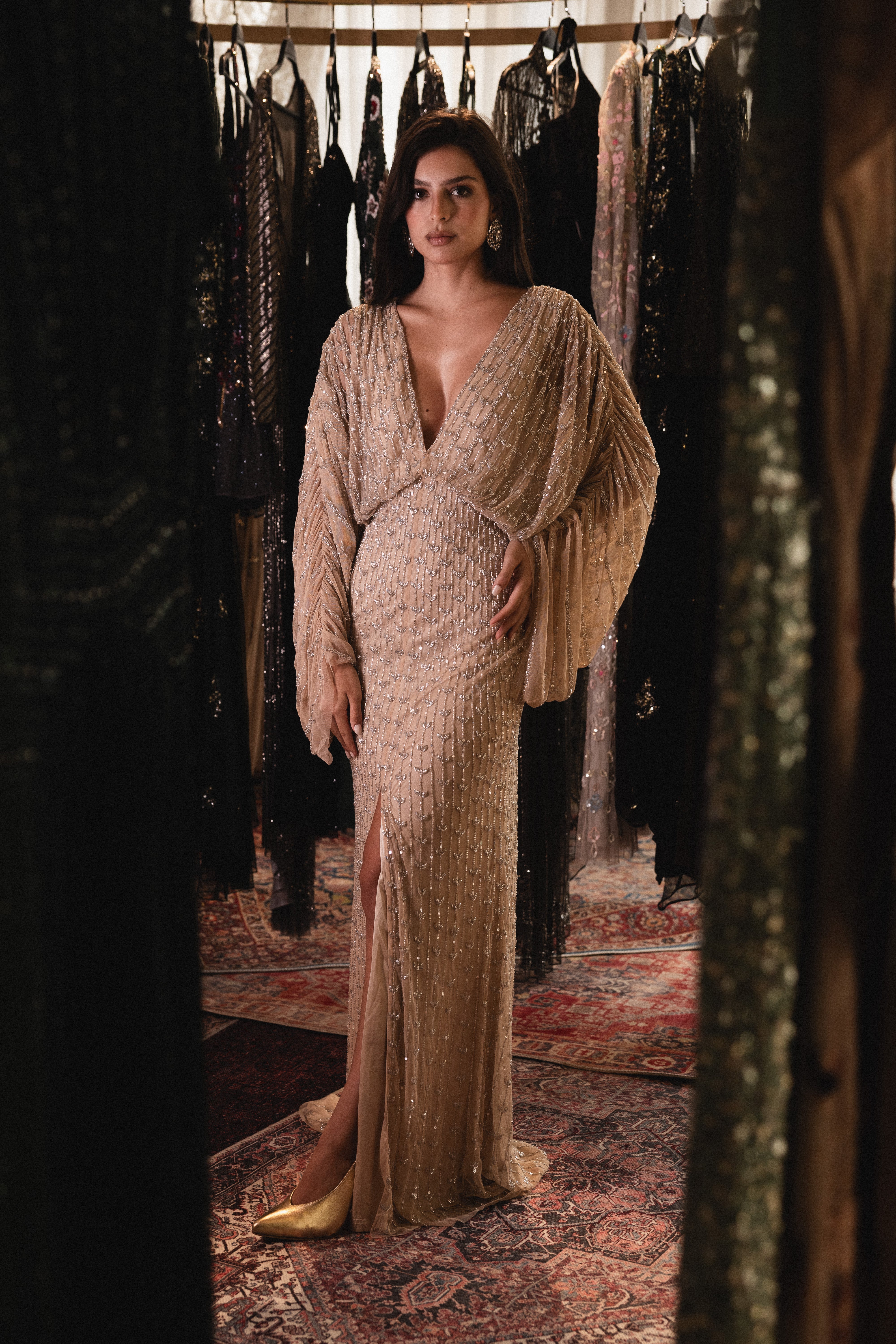 Beaded v neck long dress in beige